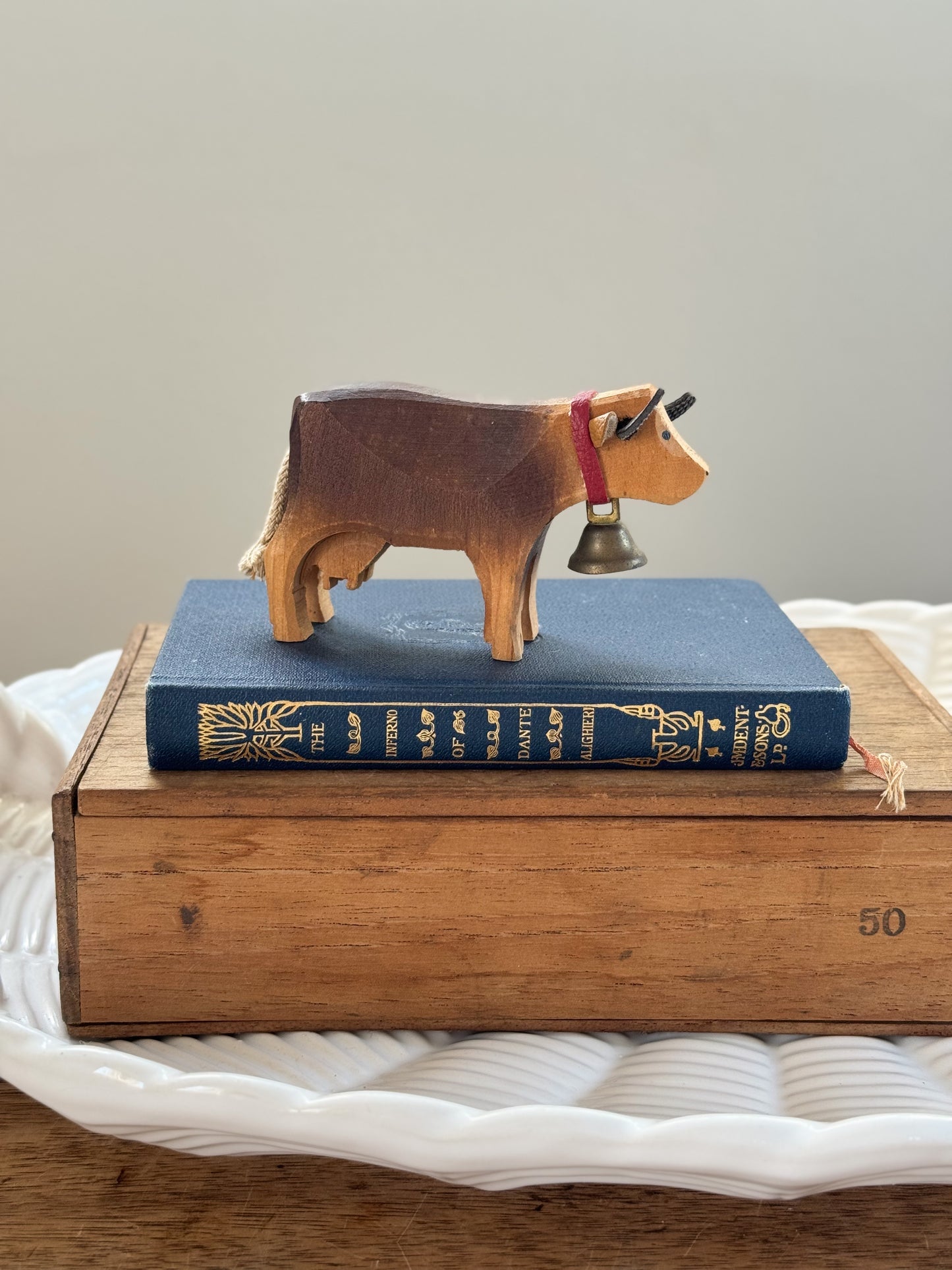 Vintage Hand-Carved Wooden Cow with Brass Bell