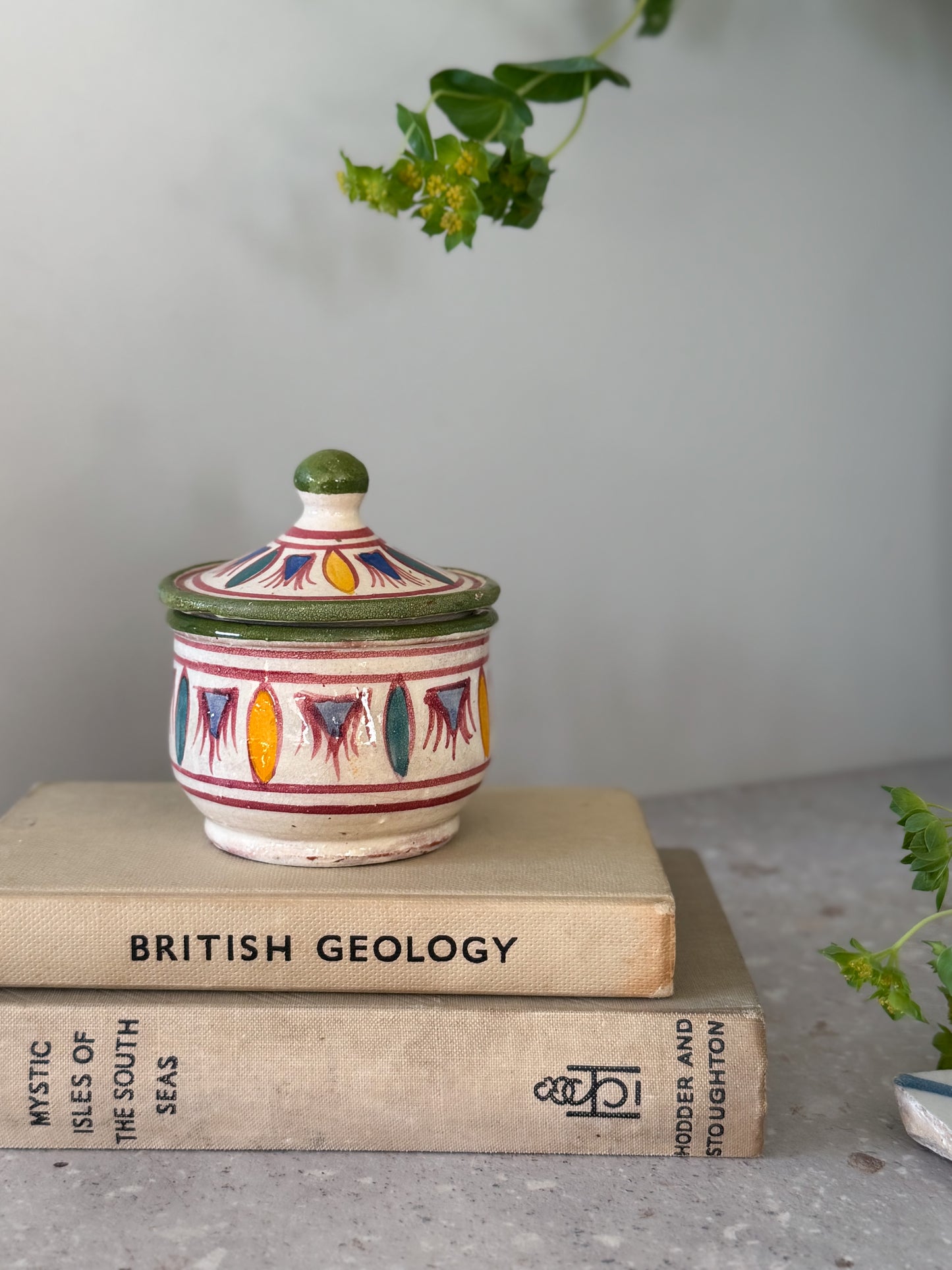 Vintage Mediterranean Hand-Painted Studio Pottery Lidded Trinket Pot