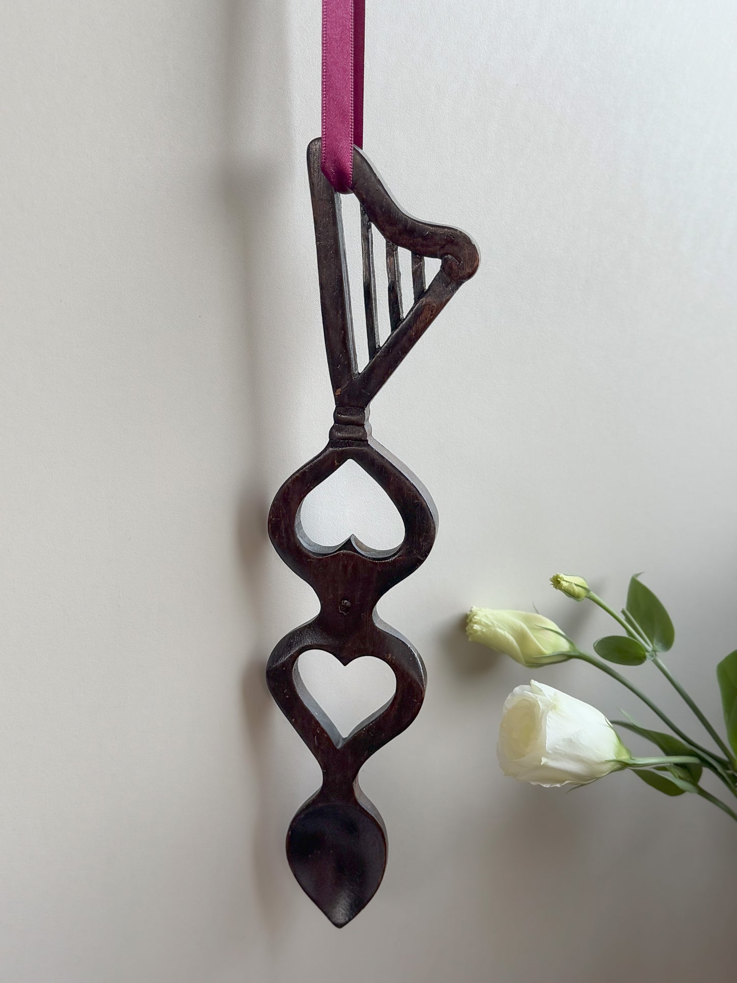 Vintage Hand-Carved Welsh Love Spoon • Heart & Harp • Calon a Telyn