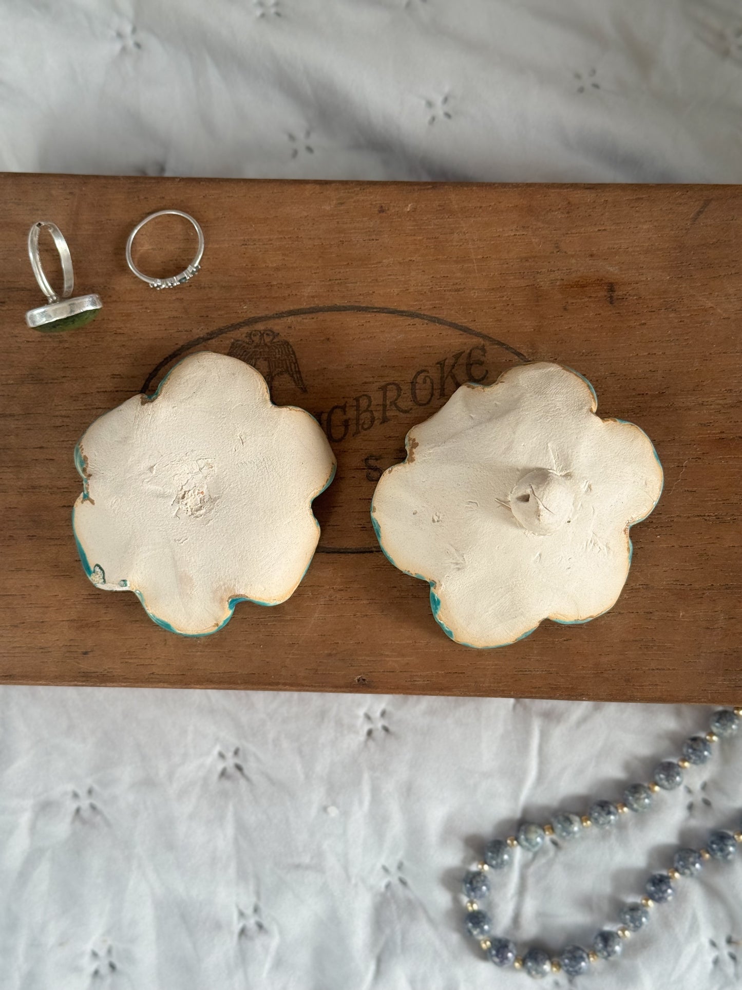Pair of Turquoise Folk Art Studio Pottery Flower Trinket Dishes