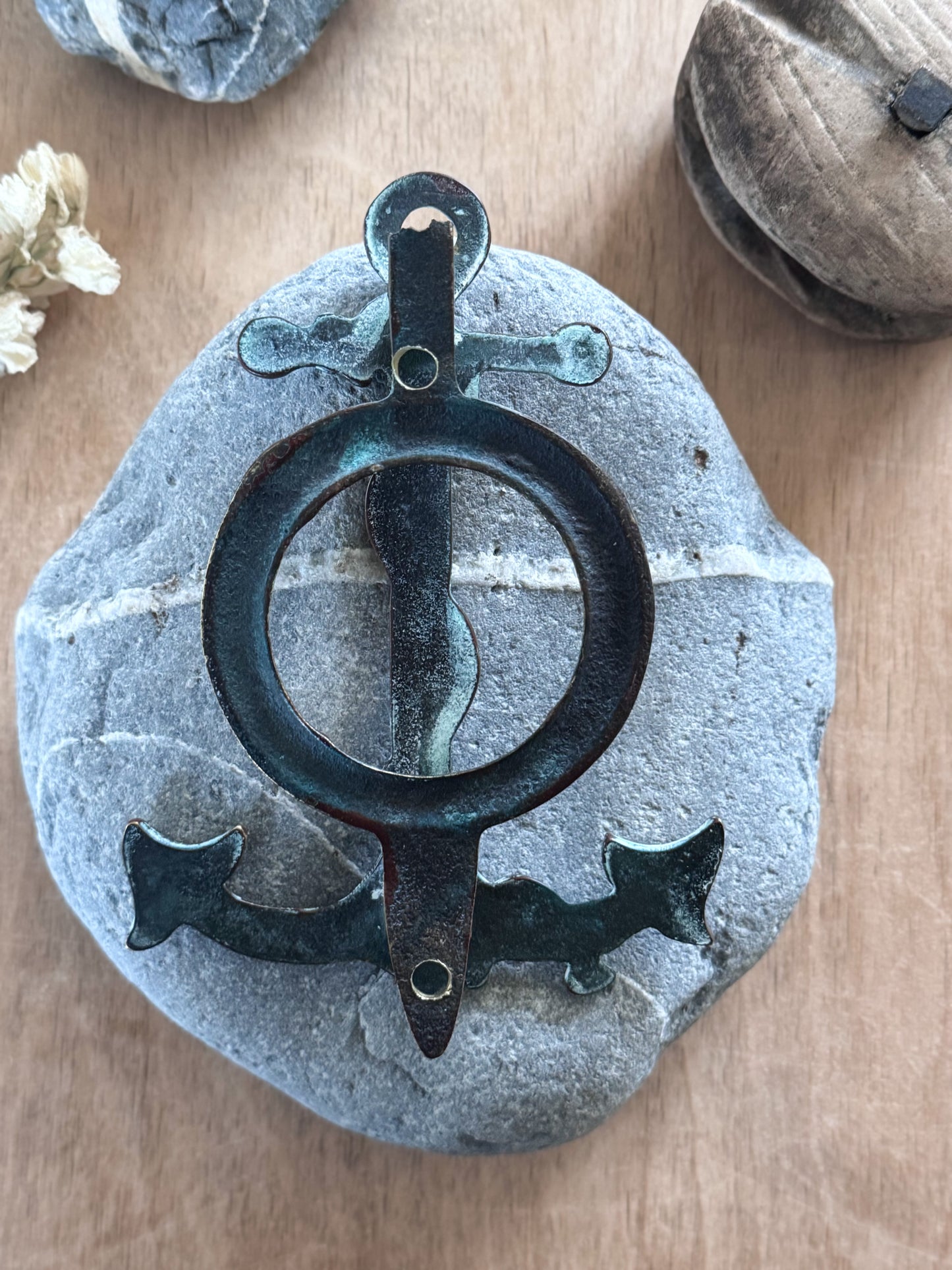 Vintage Solid Brass Anchor Door Knocker with Natural Verdigris Patina