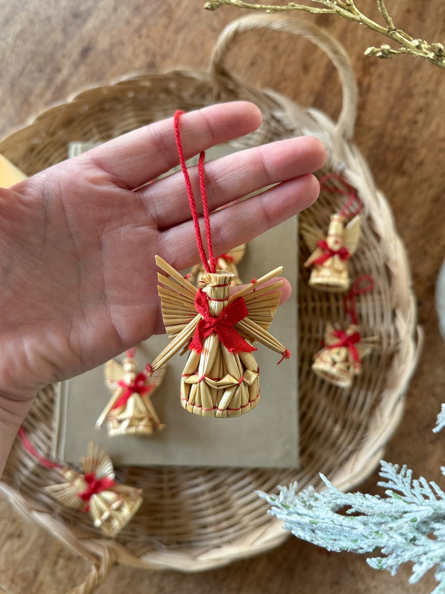 Vintage Midcentury Handmade Straw Angel Christmas Tree Decorations • Set of 8
