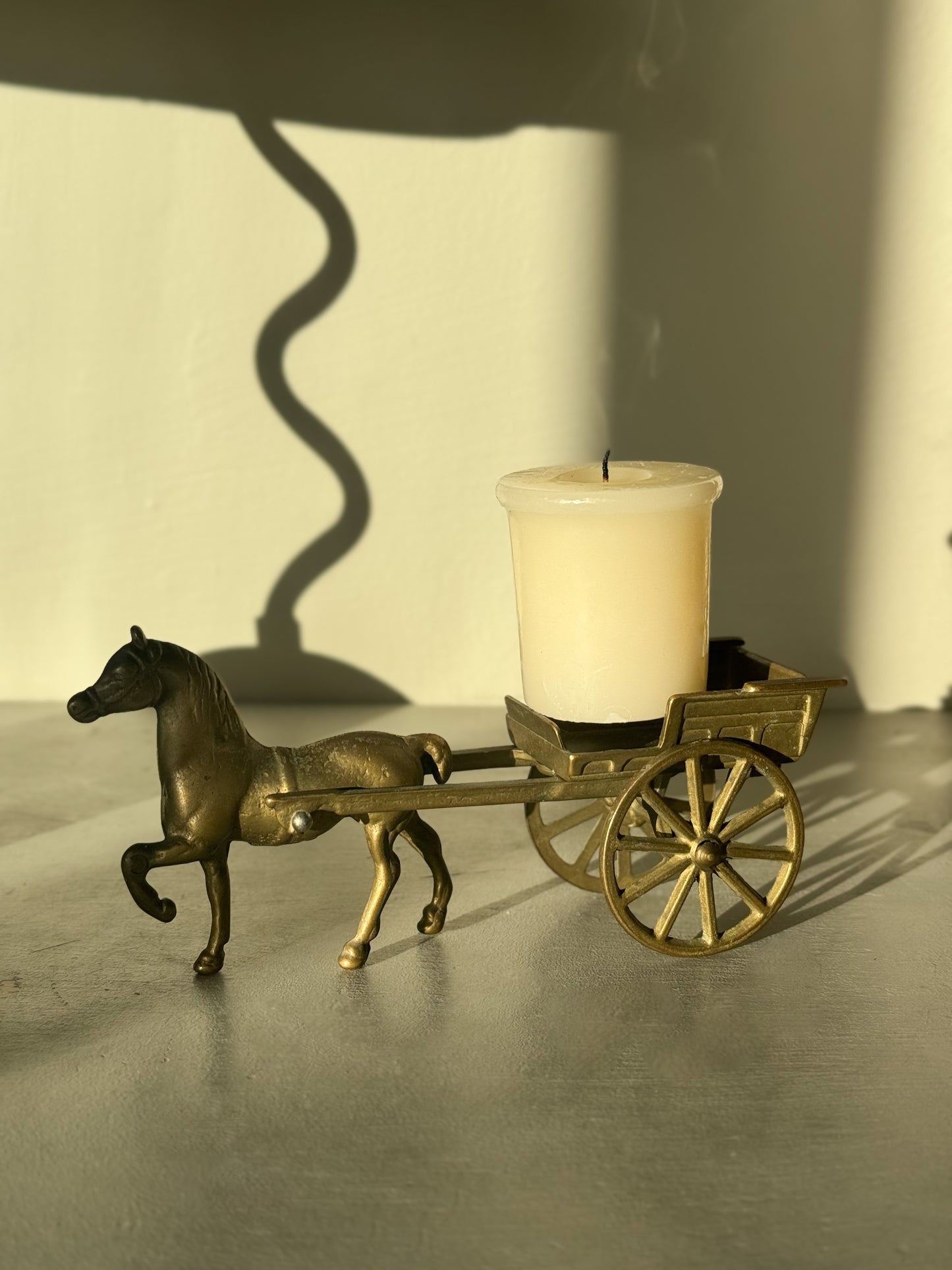 Vintage Brass Horse & Cart With Turning Wheels