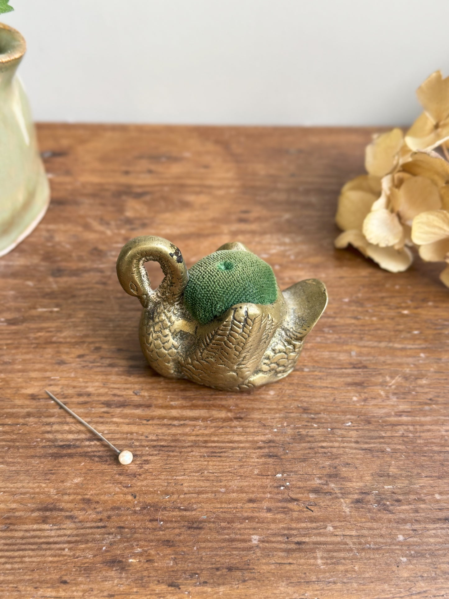 Vintage Brass Swan Pin Cushion