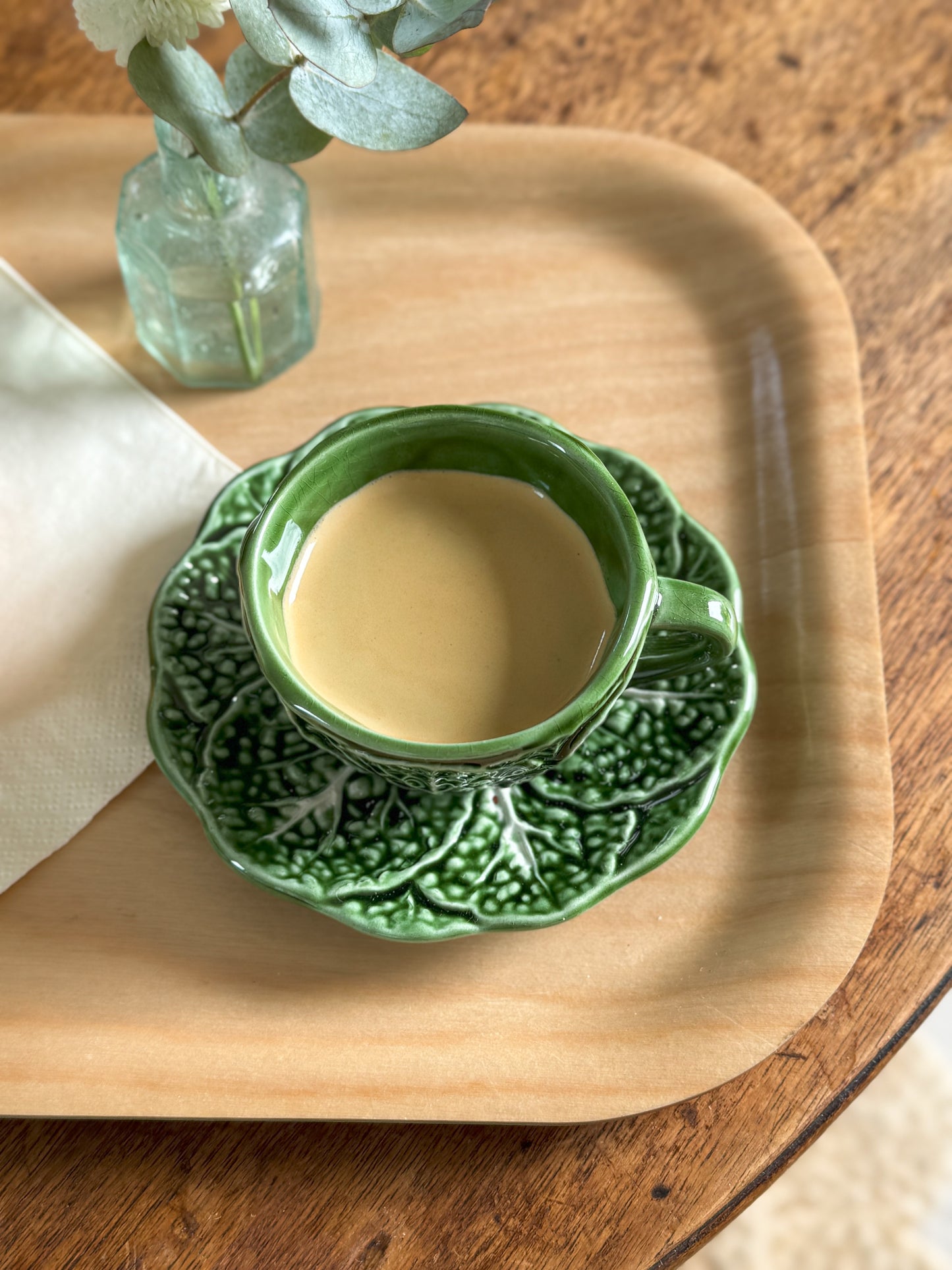 Antique Majolica Portuguese Cabbage Leaf Espresso Cup & Saucer