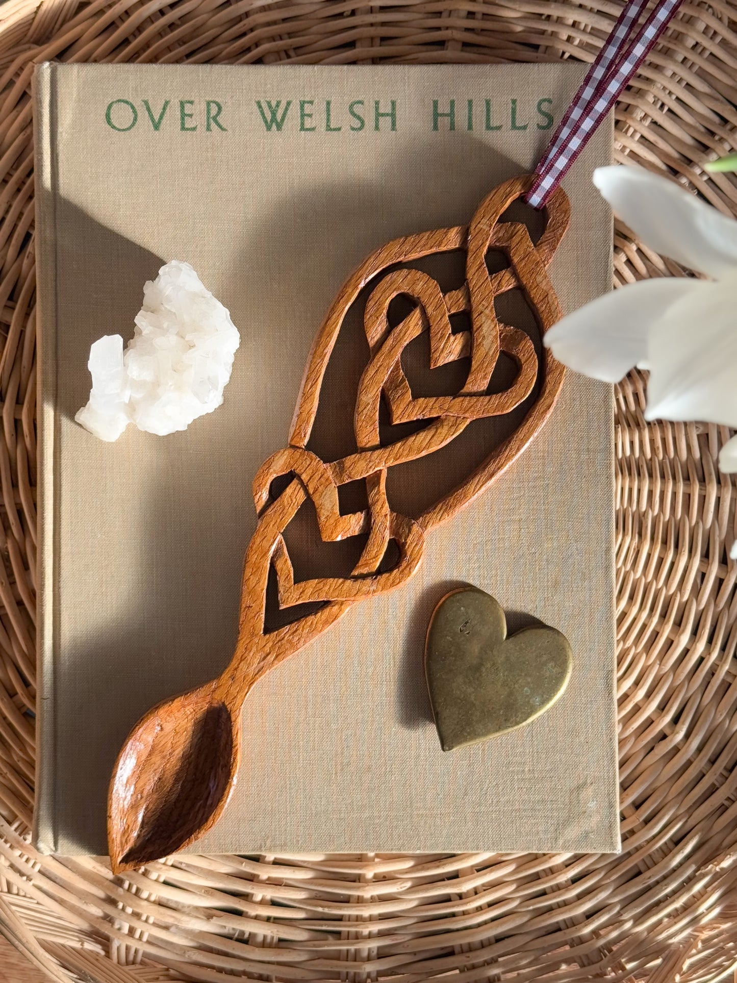 Vintage Hand-Carved Welsh Love Spoon • Intertwined Celtic Hearts