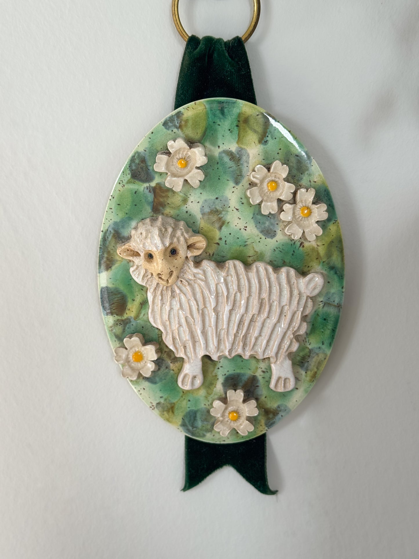 Vintage Folk Art Studio Pottery Sheep Wall Hanging with Velvet Ribbon & Brass Loop