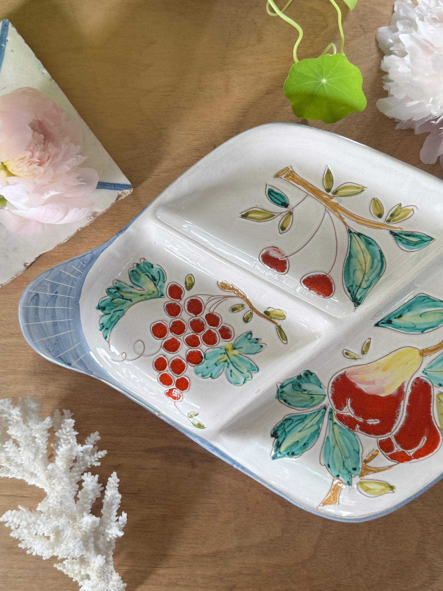 Hand-Painted Italian Ceramic Fruit Platter, Sectioned Serving Dish
