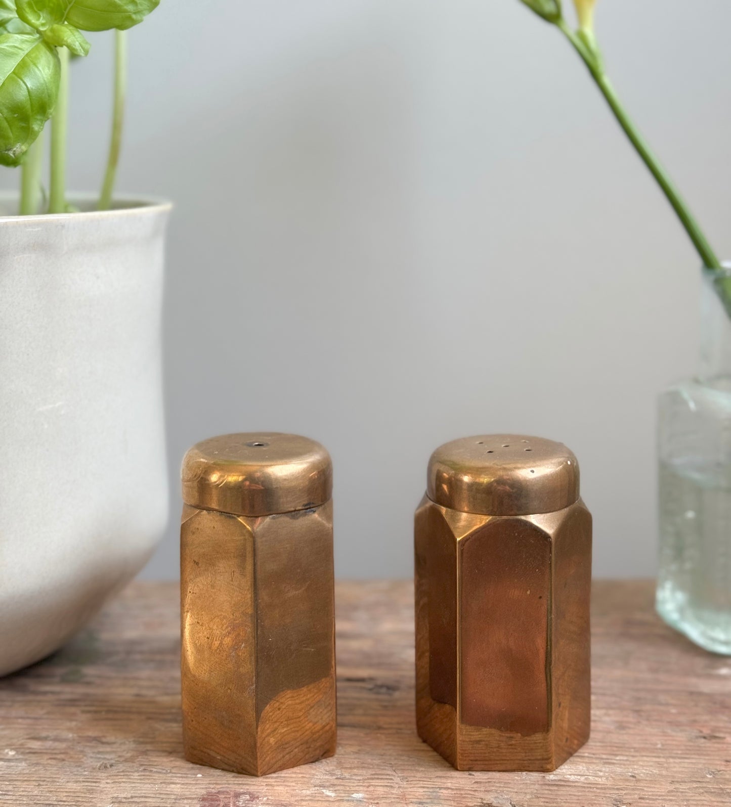 Vintage Solid Brass Hexagonal Salt & Pepper Shakers