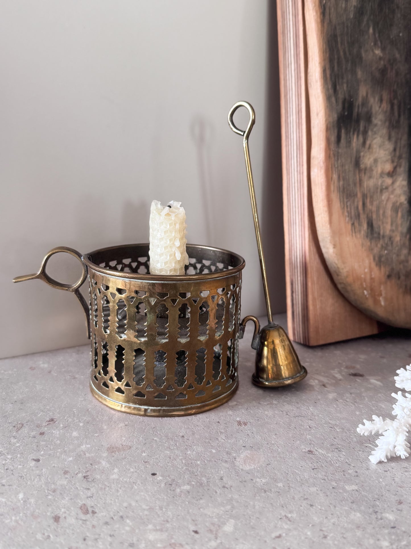 Antique Solid Brass Filigree Chamberstick with Snuffer