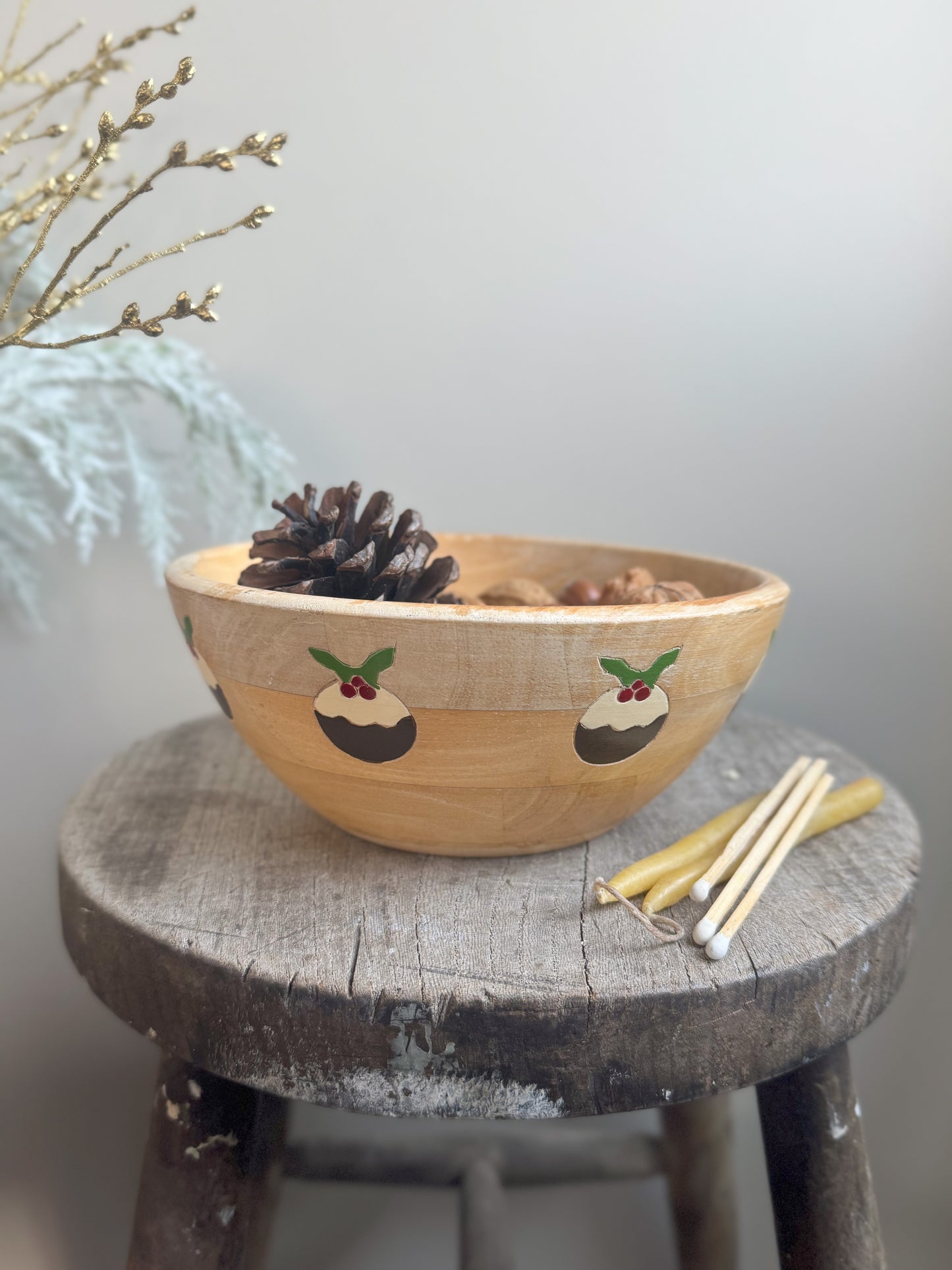 Vintage Handmade Wooden Christmas Pudding Bowl