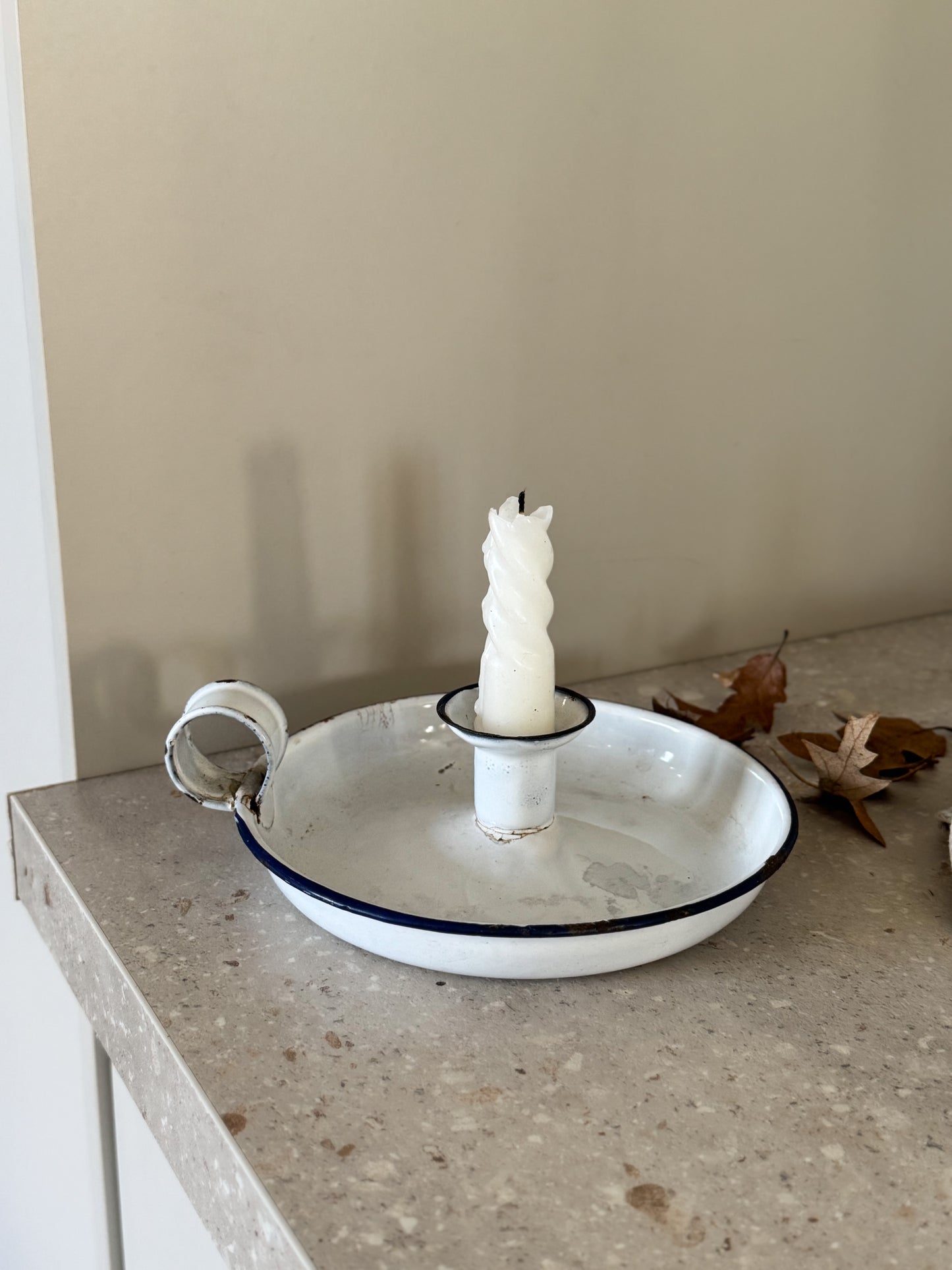 Vintage French Enamel Chamberstick - White with Navy Rim