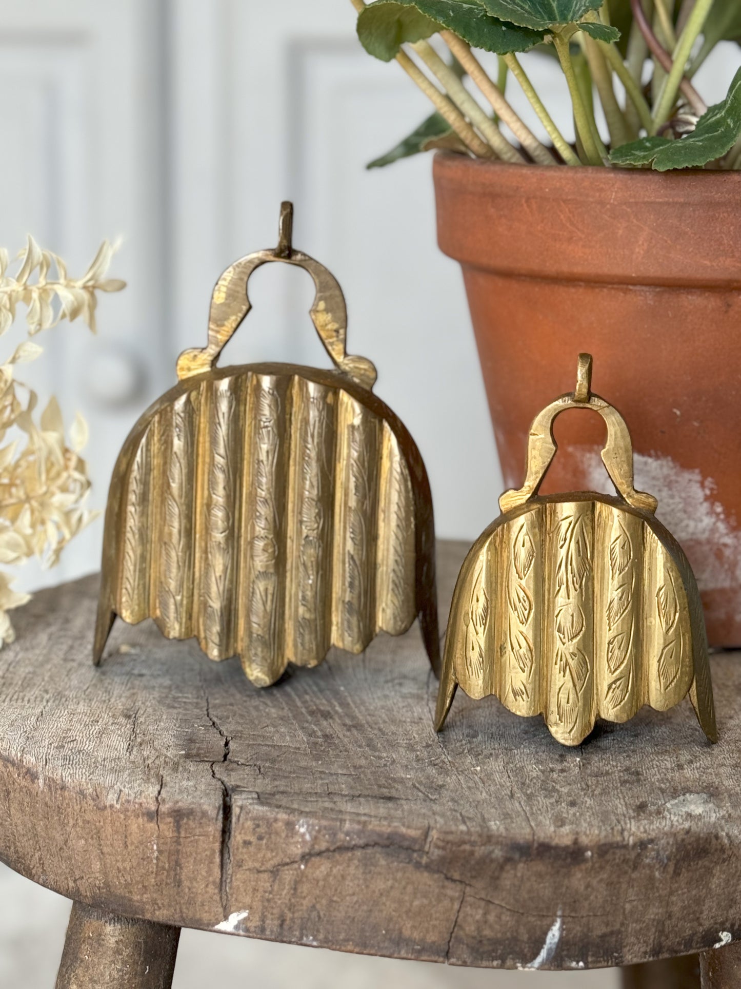 Pair of Vintage Scalloped Brass Etched Bells