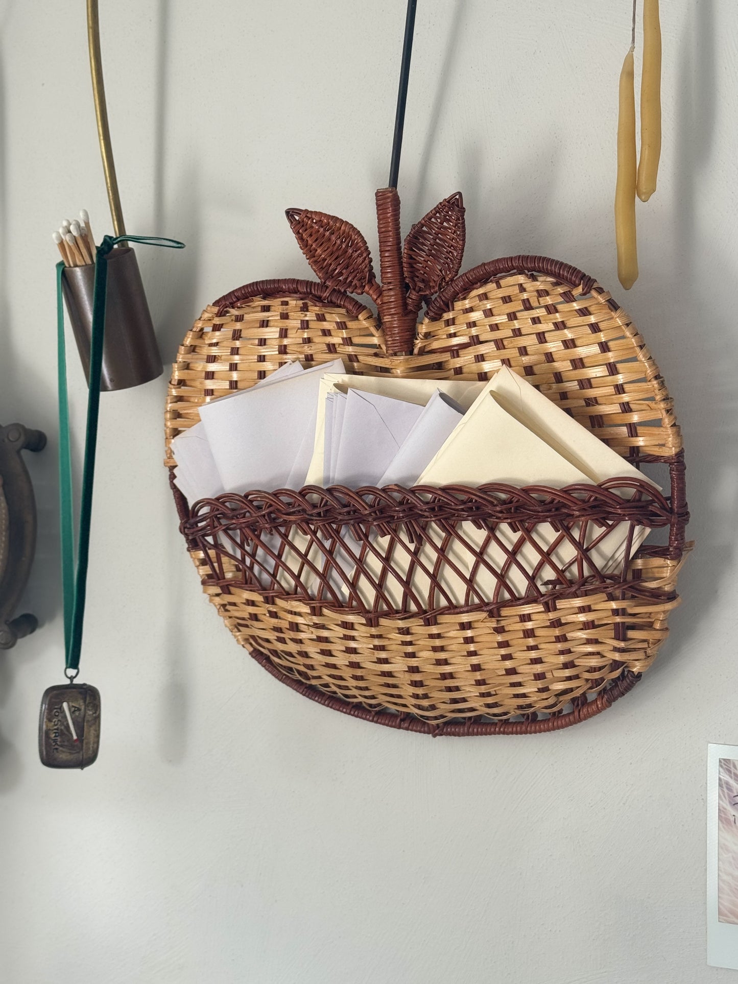Vintage Midcentury Wicker Apple Wall Pocket / Letter Rack