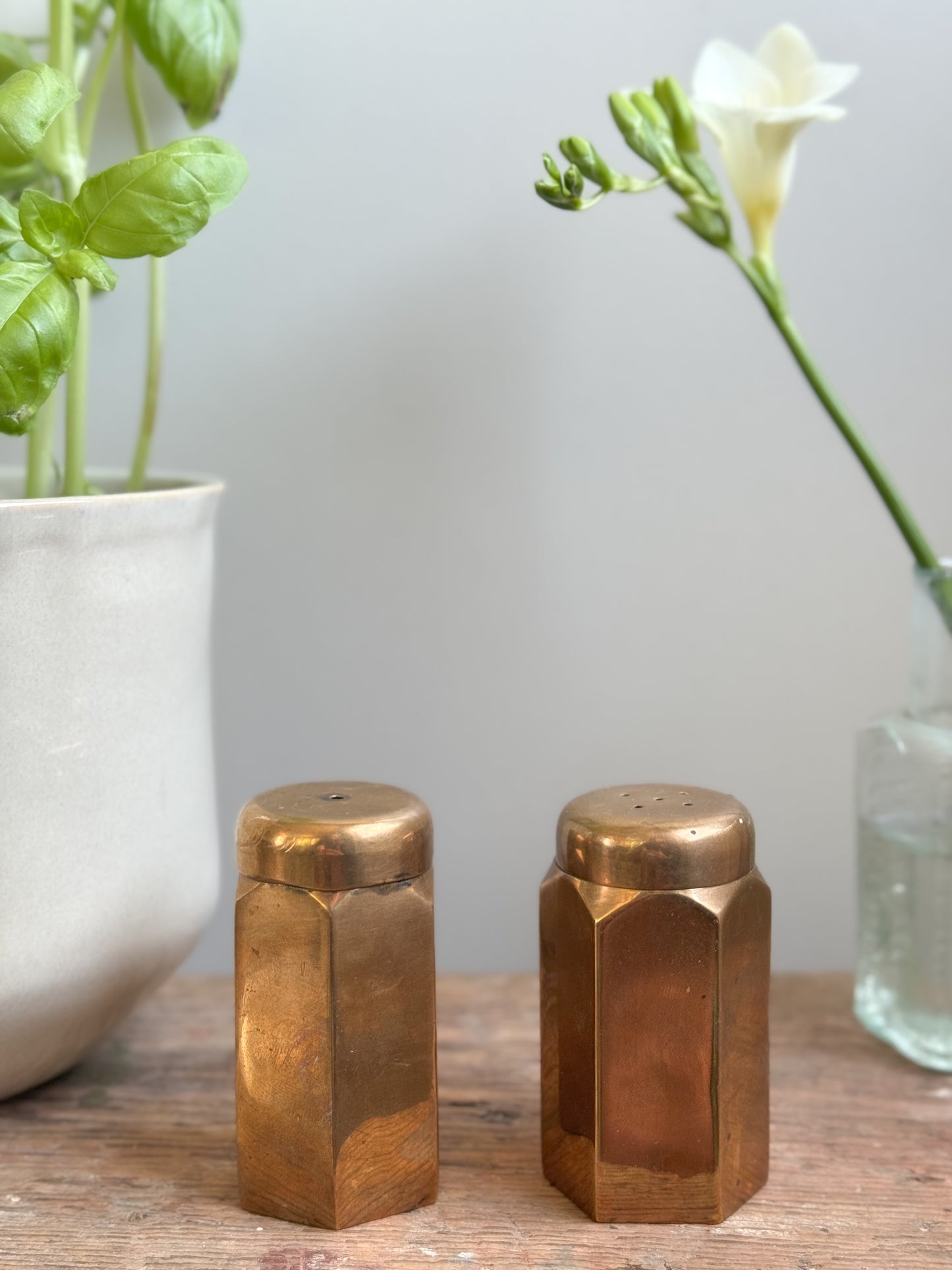 Vintage Solid Brass Hexagonal Salt & Pepper Shakers