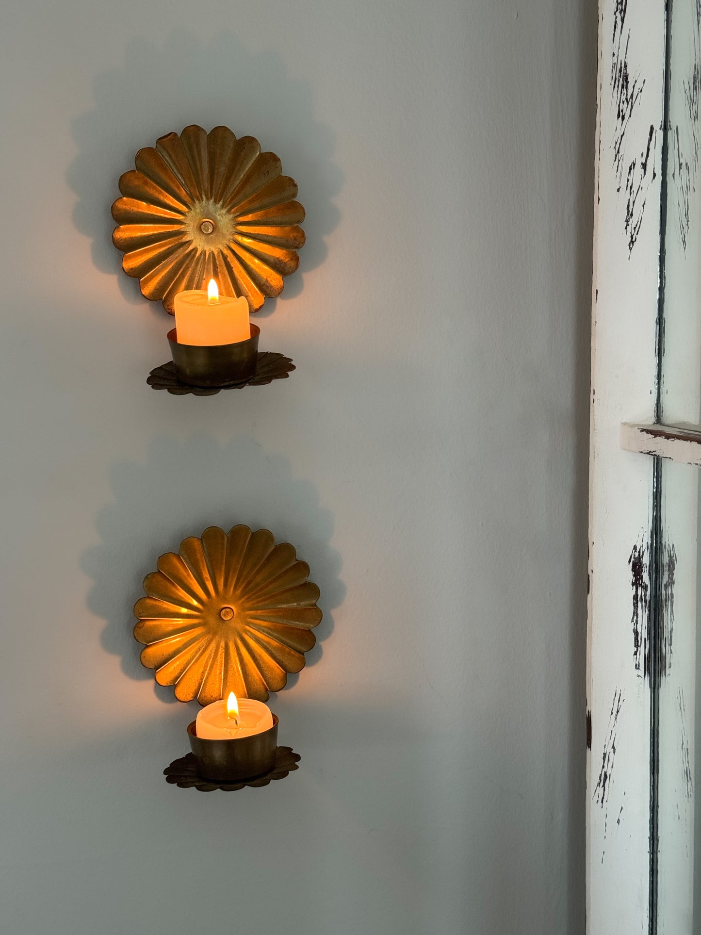 Pair of Vintage Brass Scalloped Flower Candle Sconces