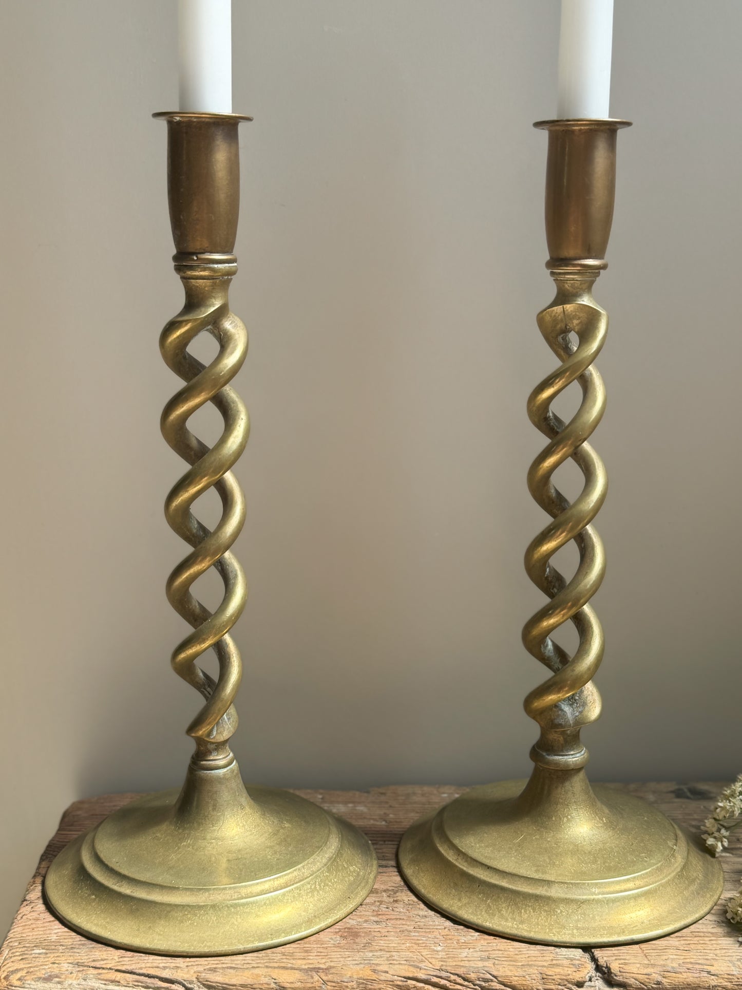 Pair of Antique Victorian Tall Solid Brass Barley Twist Candlesticks