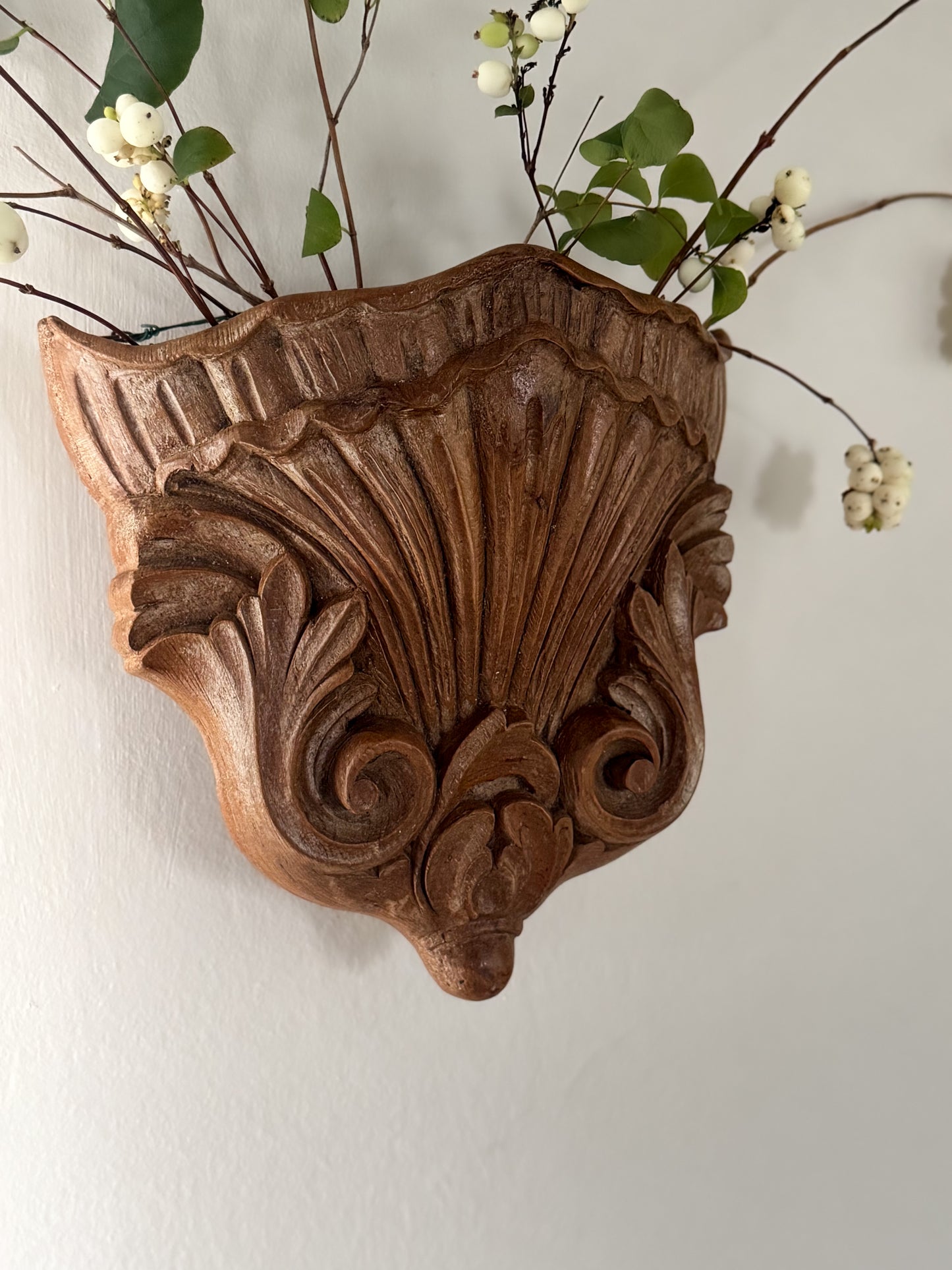 Vintage Hand-Carved Wooden Shell Wall Vase