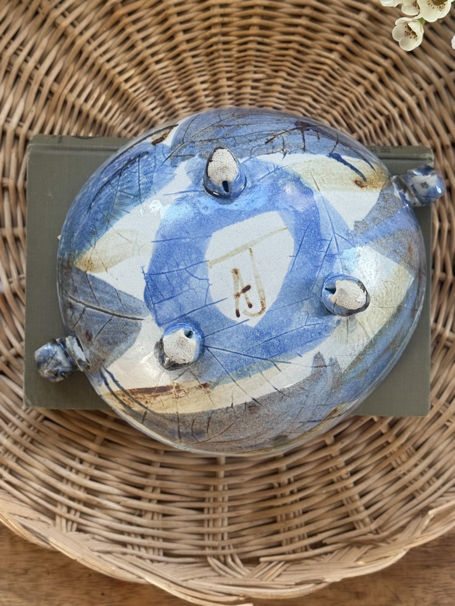 Vintage Abstract Blue Studio Pottery Footed Bowl - Signed AJ