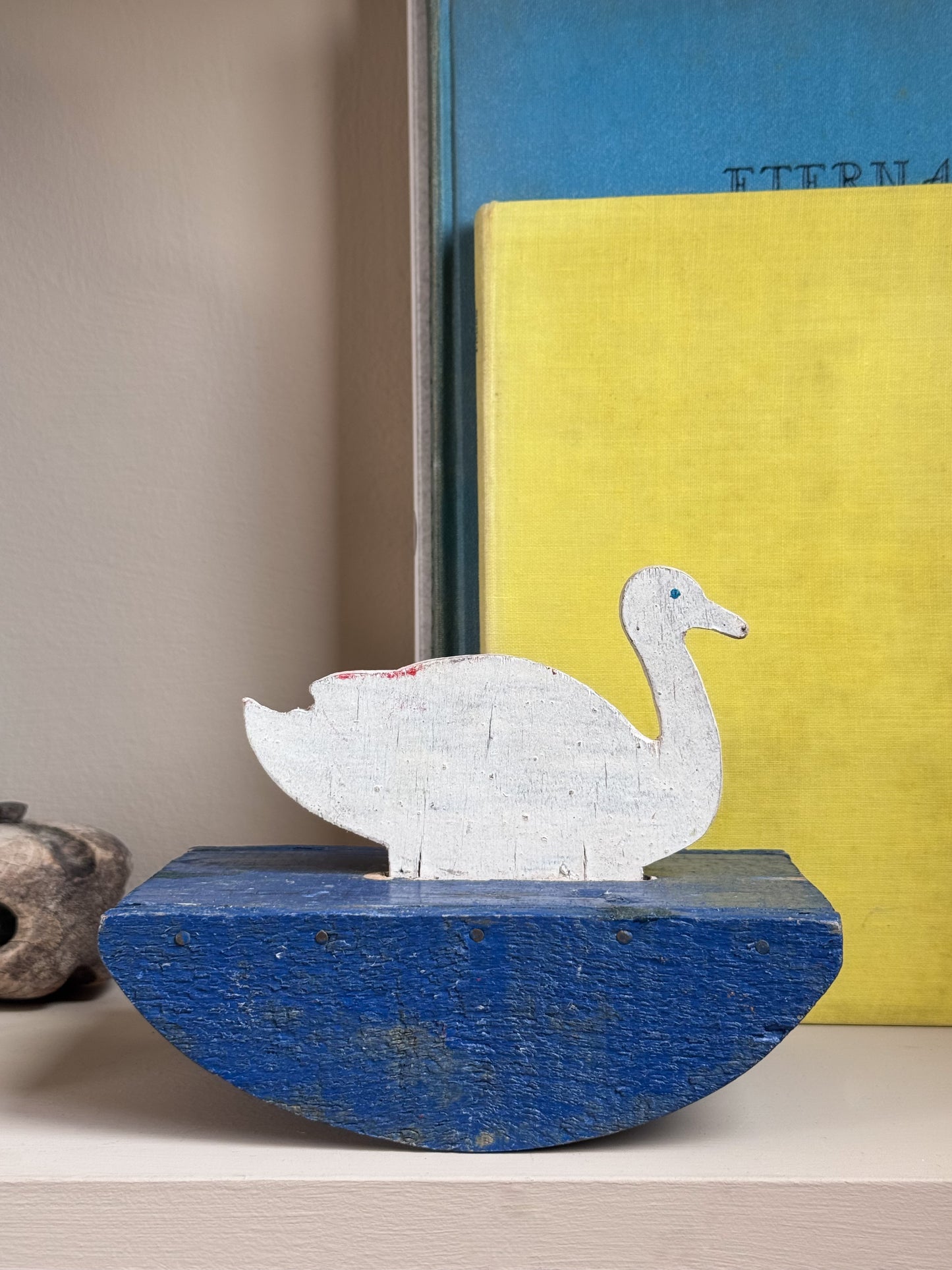 Vintage Handmade Folk Art Wooden Rocking Swan Toy, c.1940s–1950s