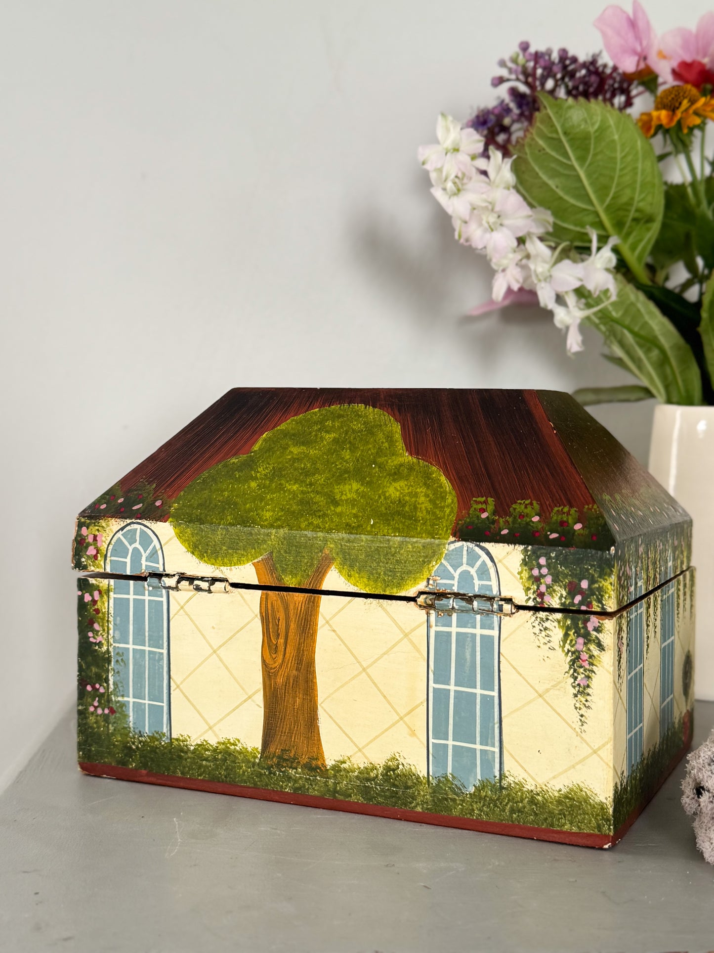 Vintage Hand-Painted Wooden Cottage Keepsake Box