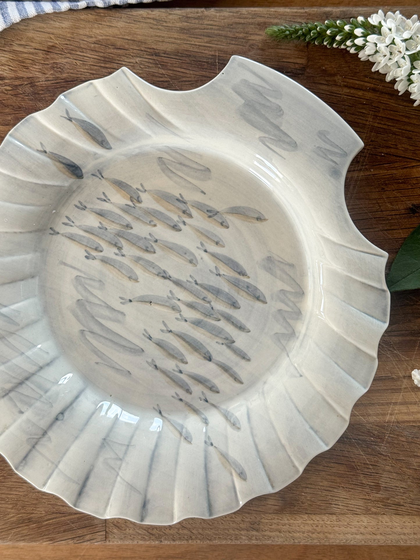 Vintage Scalloped Shell-Shaped Pottery Plate with Hand-Painted Pastel Fish Design