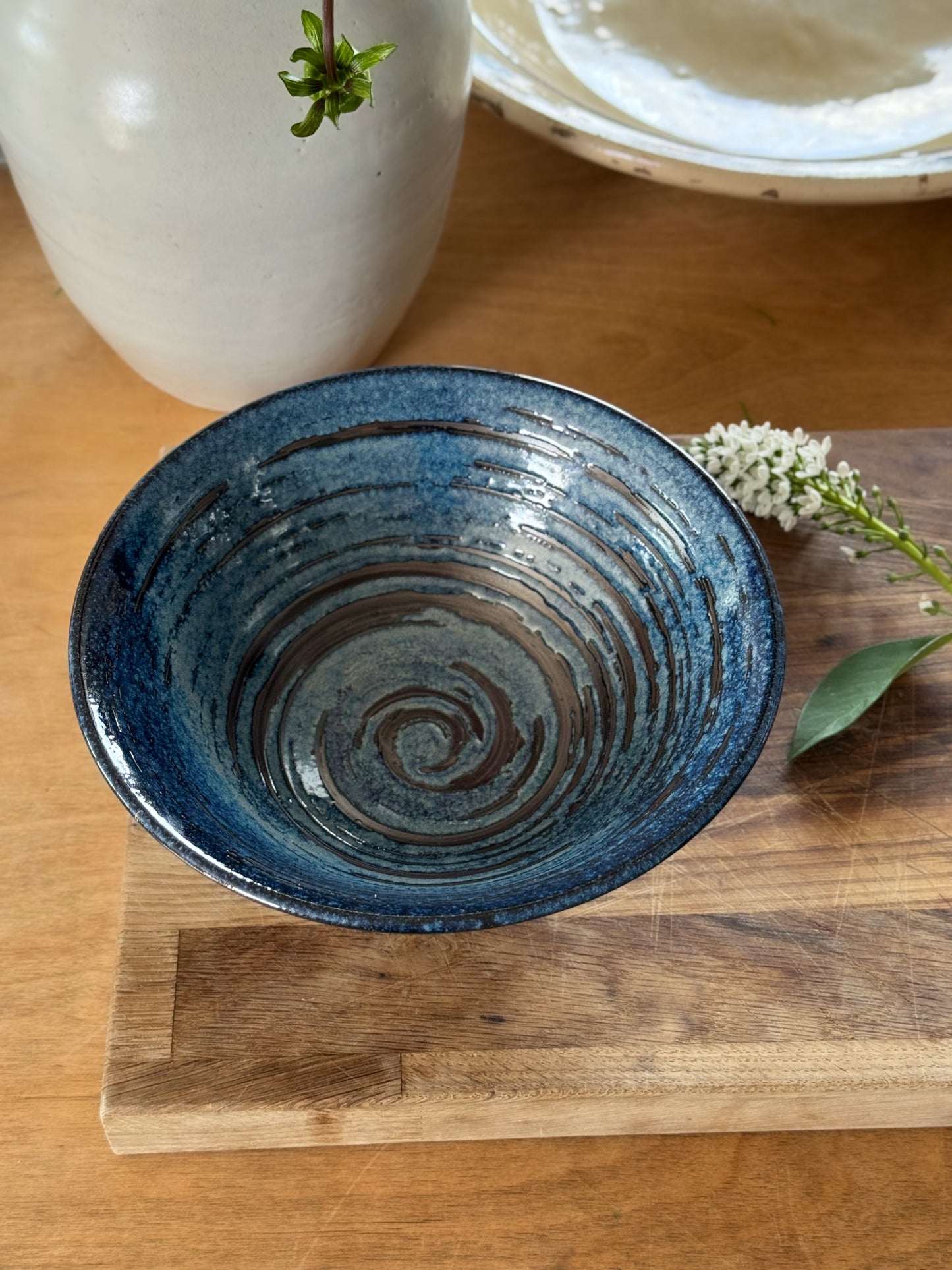 Vintage Studio Pottery Bowl with Deep Blue Spiral Glaze