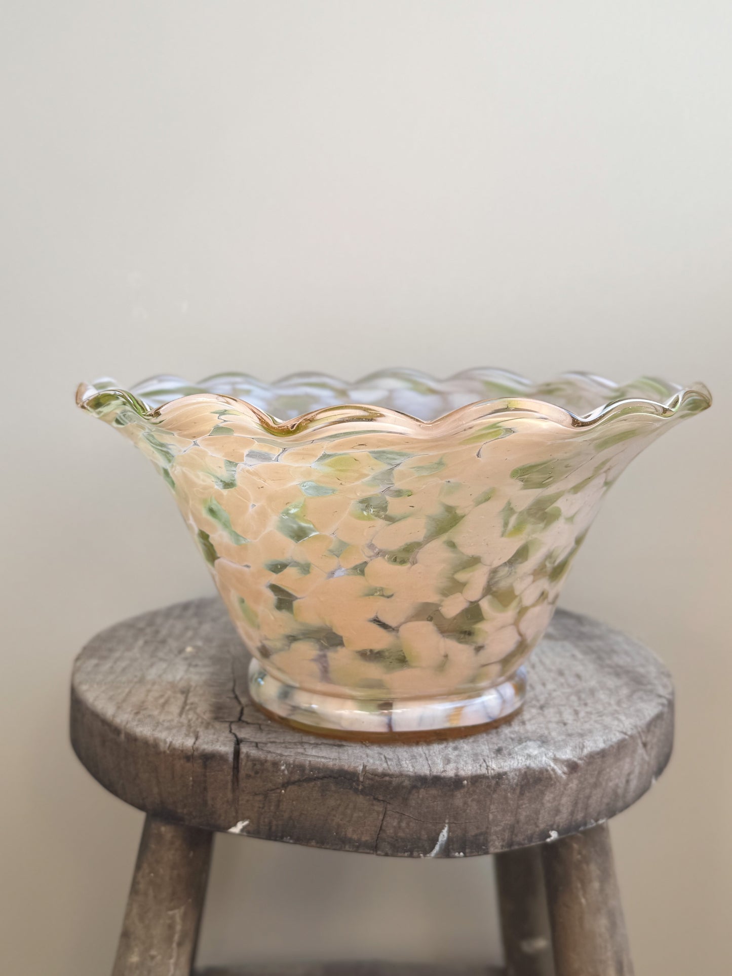 Vintage Handblown Art Glass Pastel Pink Spatter Glass Scalloped Bowl