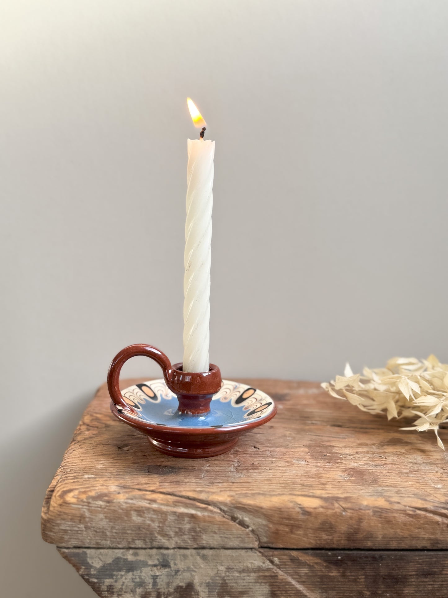 Vintage Midcentury Bulgarian Troyan Pottery Slipware Miniature Chamberstick