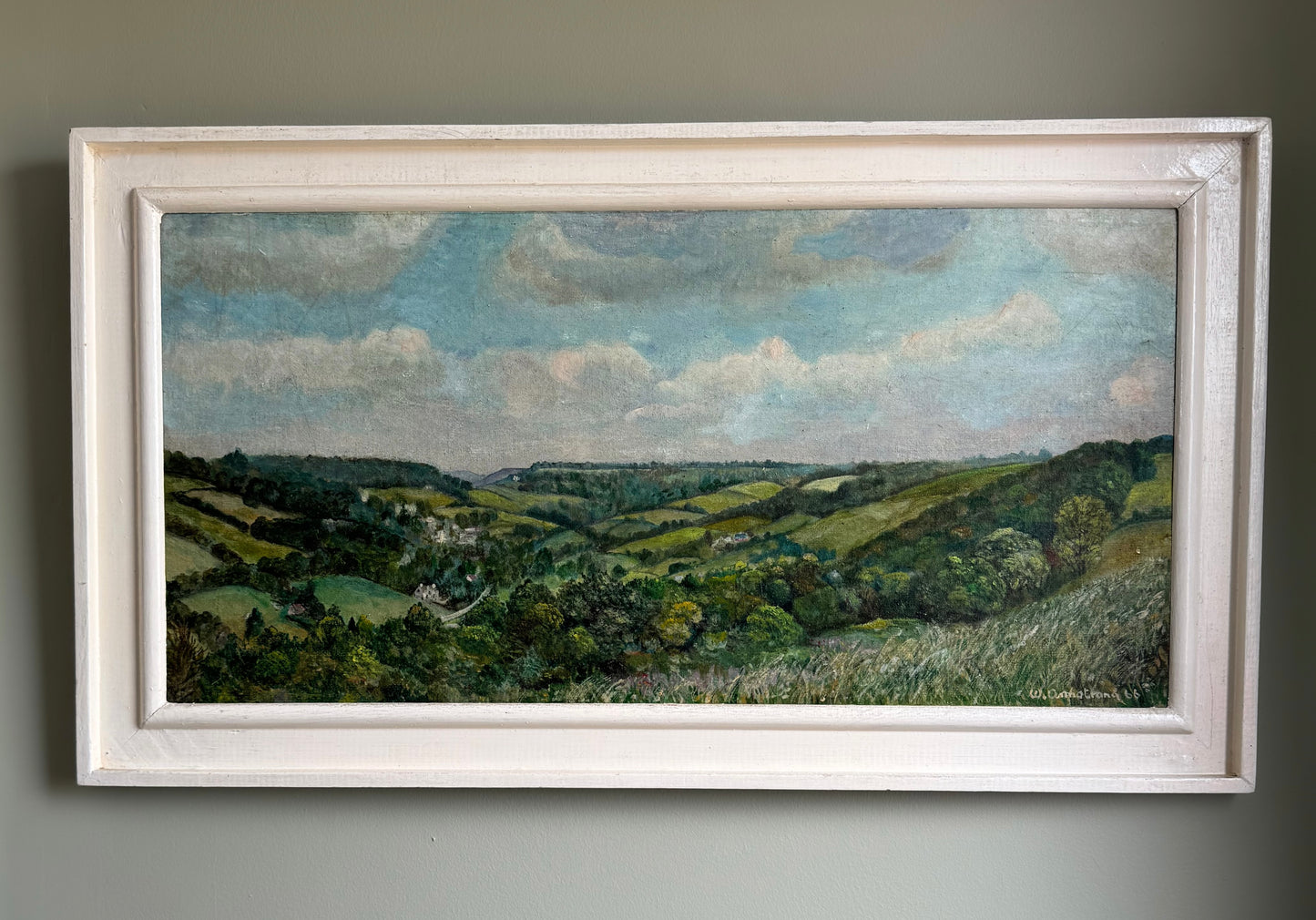 Original Midcentury Rural Landscape Framed Oil on Board by W.Armstrong