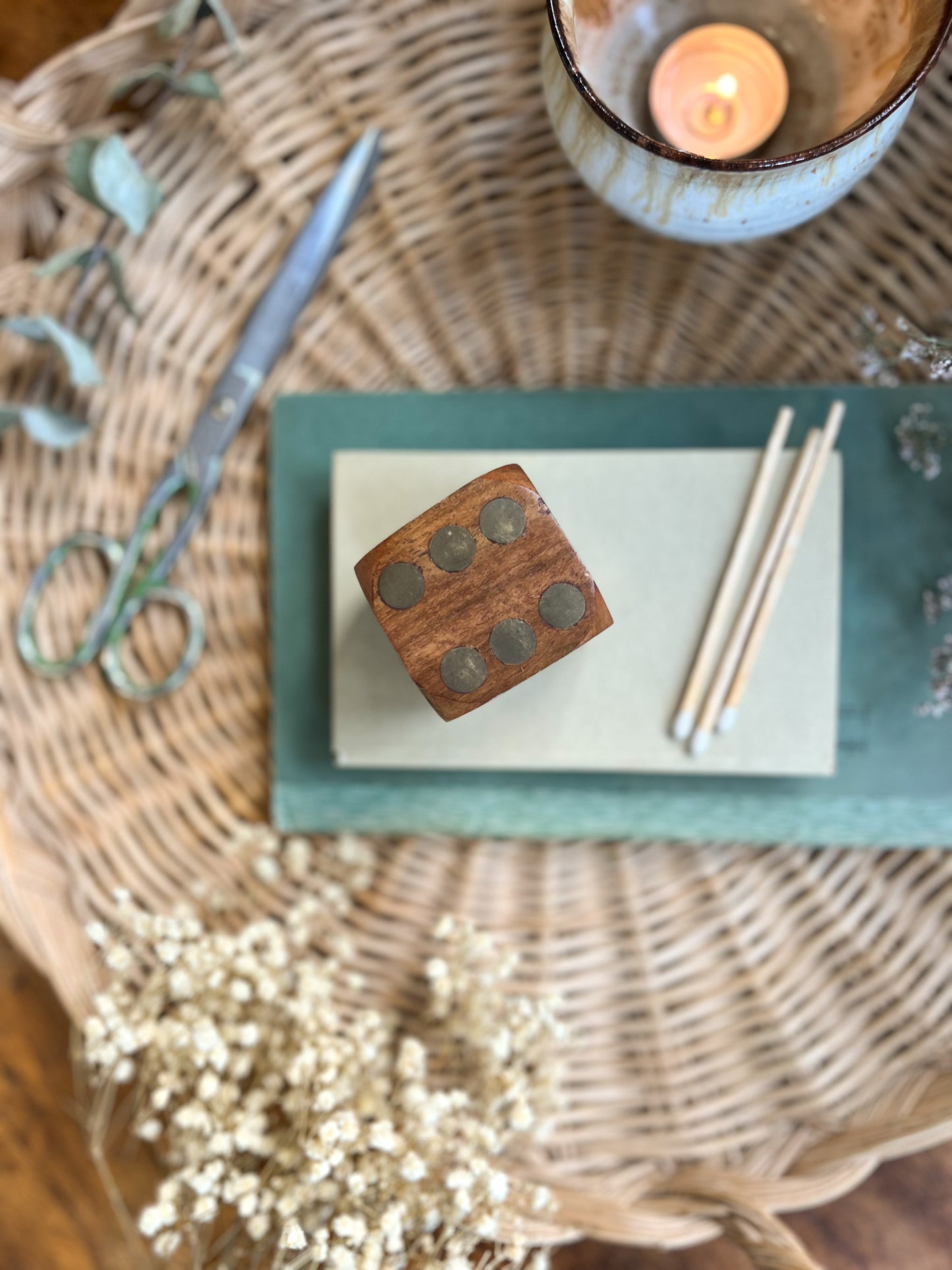 Vintage Teak & Brass Large Decorative Die