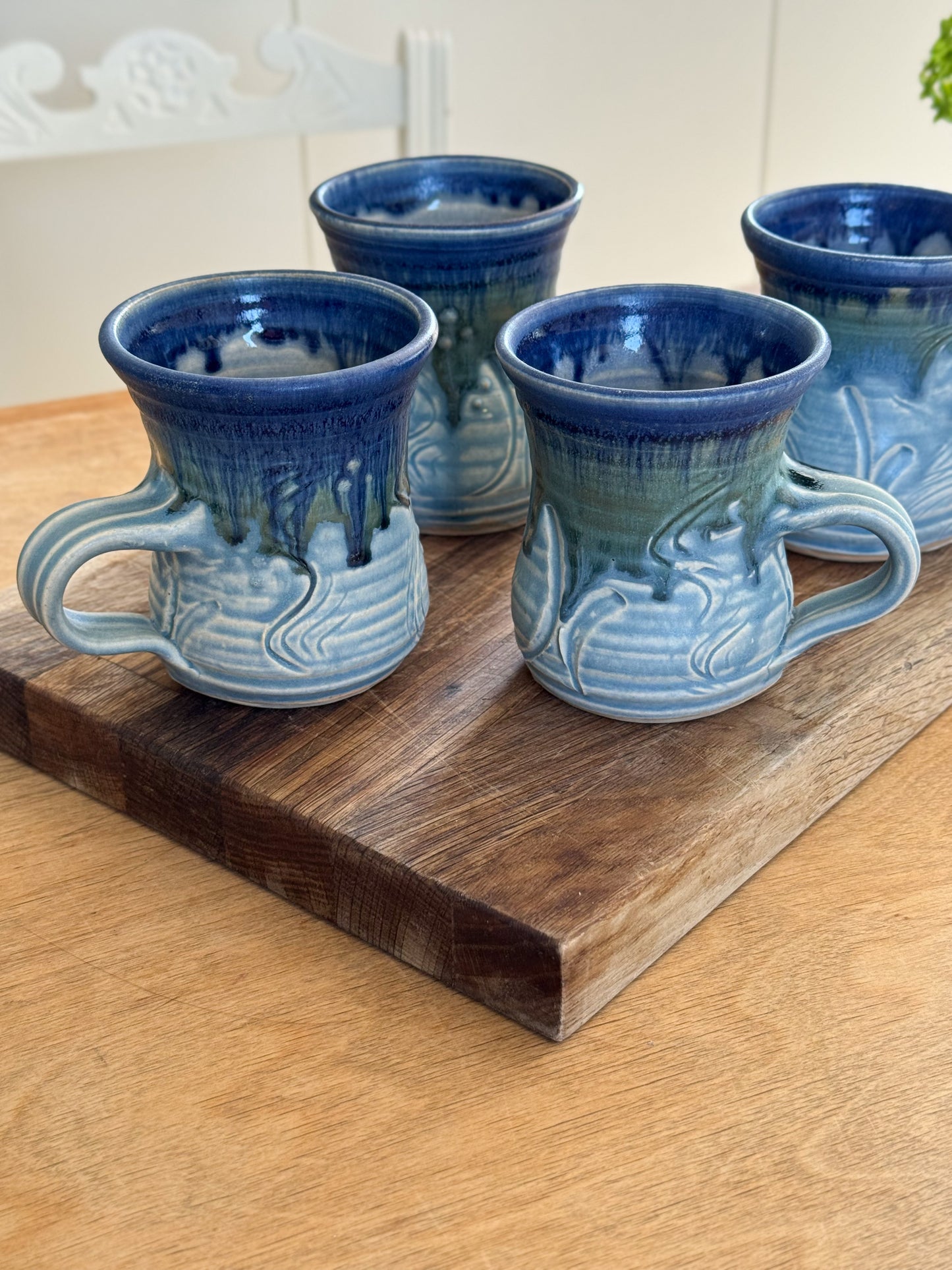 Incredible Vintage Abstract Studio Pottery Mugs, Ocean Blues • Set of 4