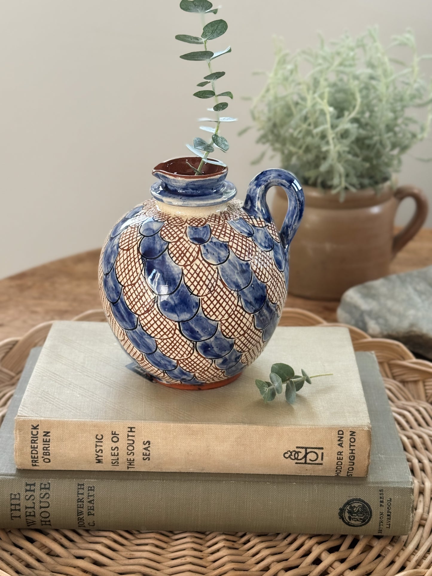 Vintage Glazed Blue Slipware Sculptural Jug