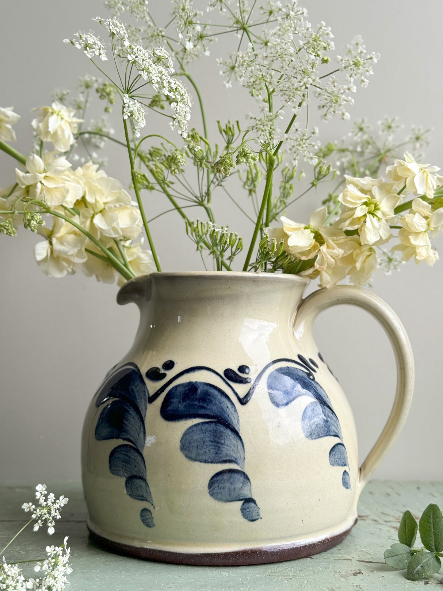 Vintage Large Wetheriggs Pottery Cream & Blue Slipware Jug