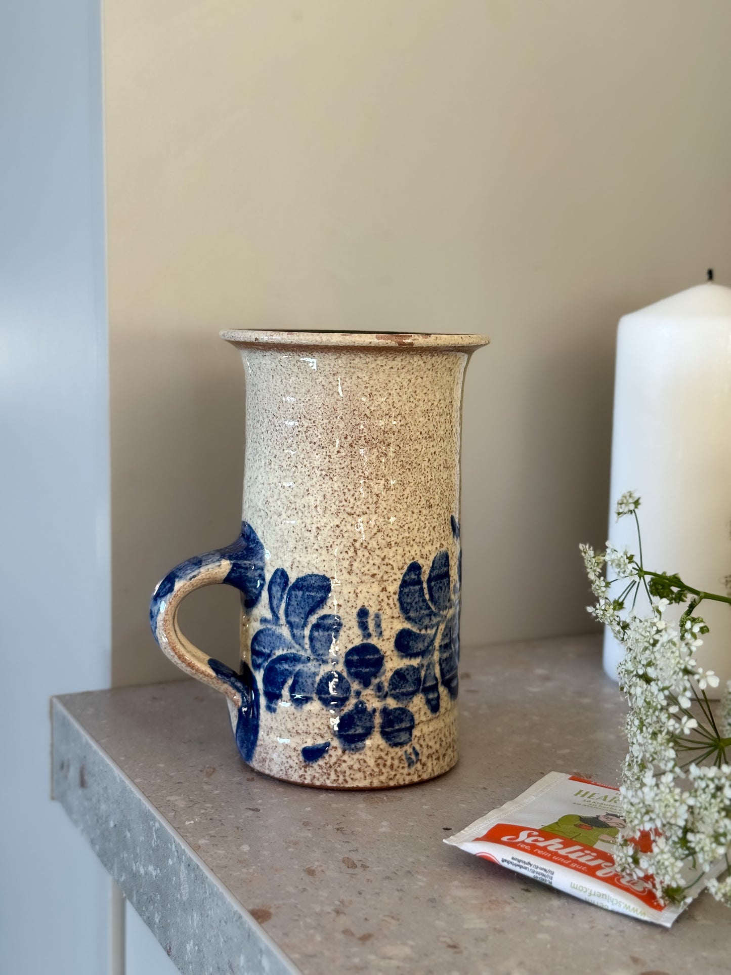 German Studio Pottery Mug – Hand-Painted Blue Florals, Charlottenburg
