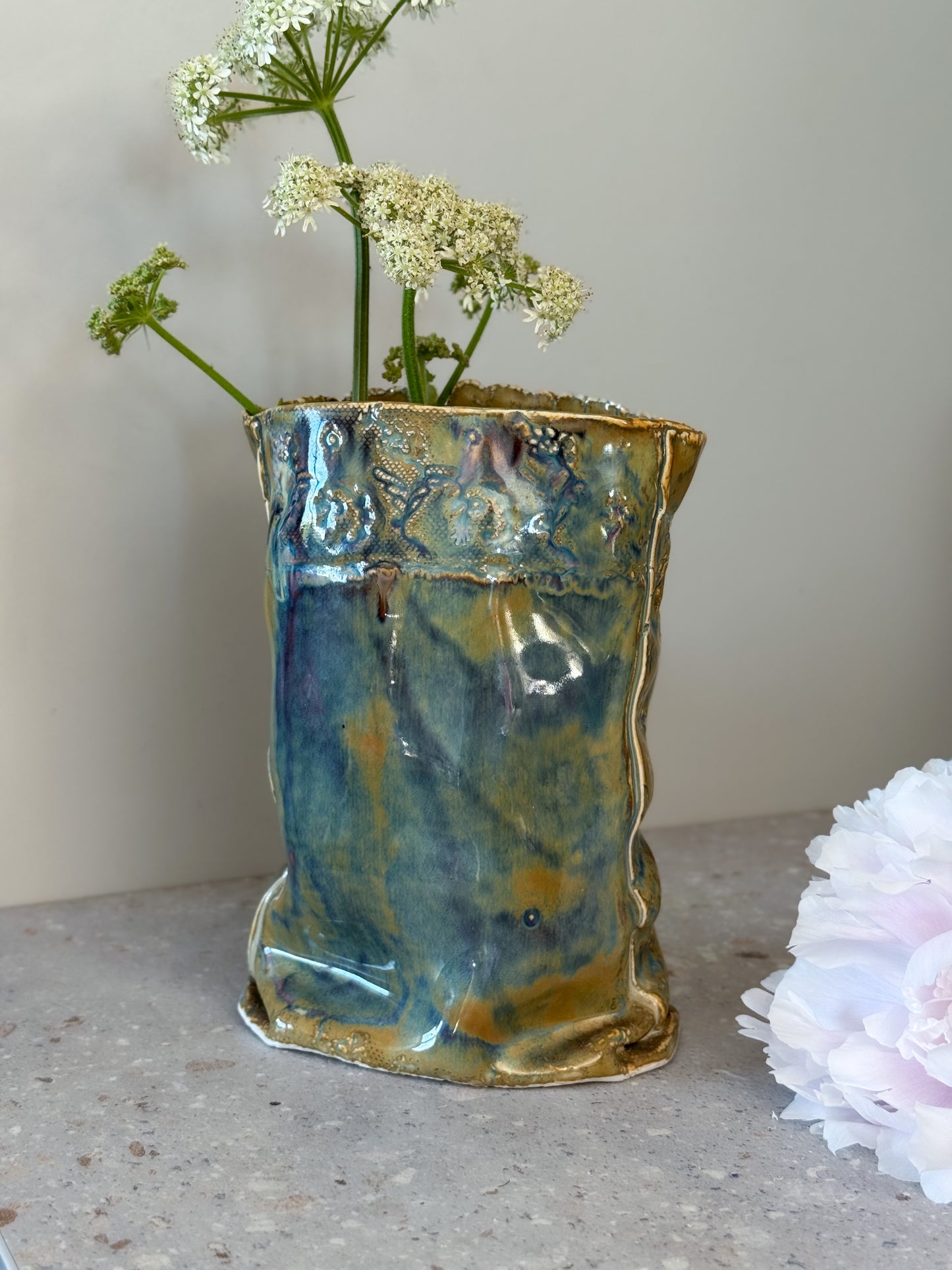 Incredible Studio Pottery Sculptural Vase with Impressed Floral Design, Signed C.Raven
