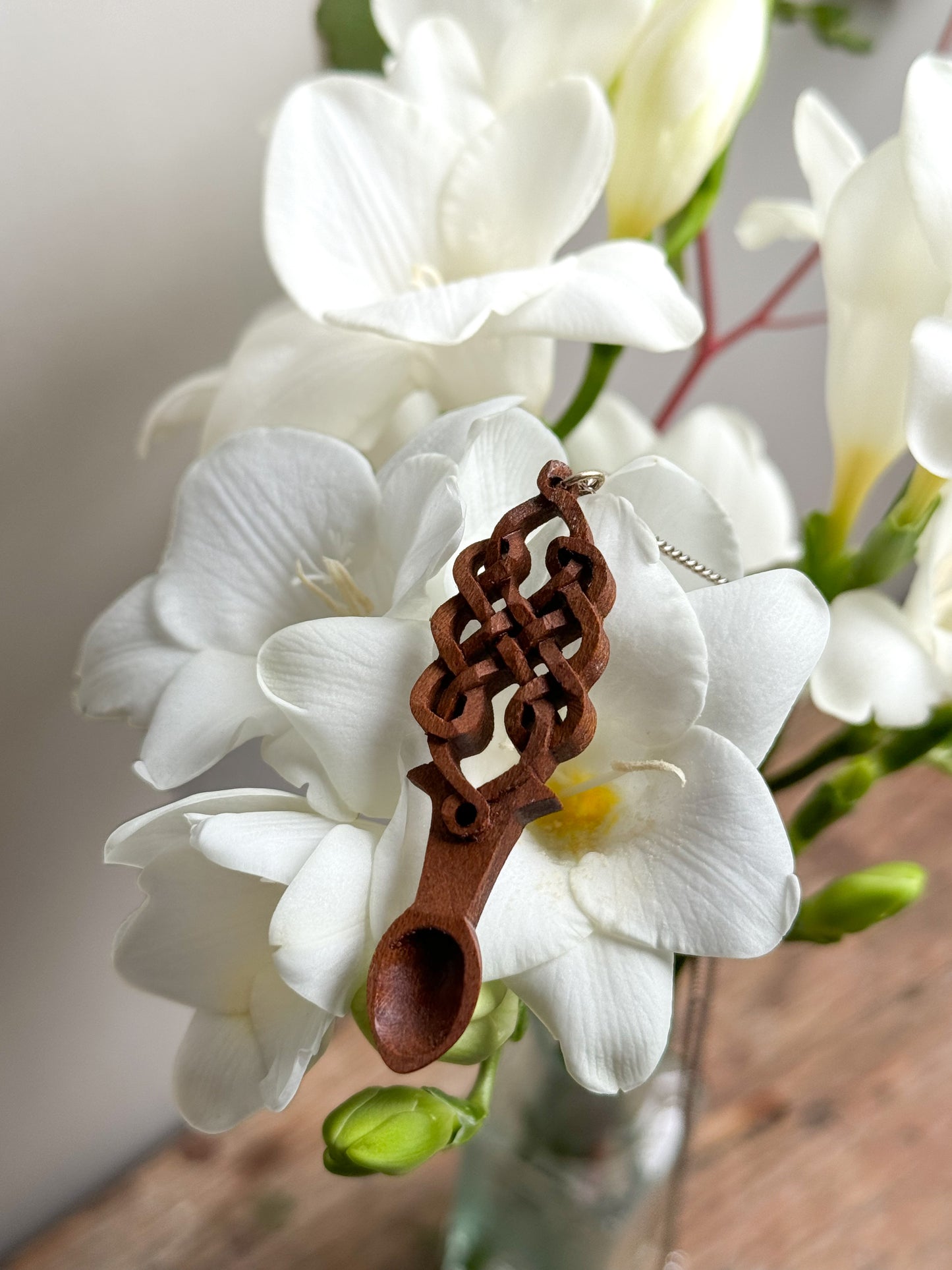 Vintage Carved Wooden Welsh Love Spoon Necklace