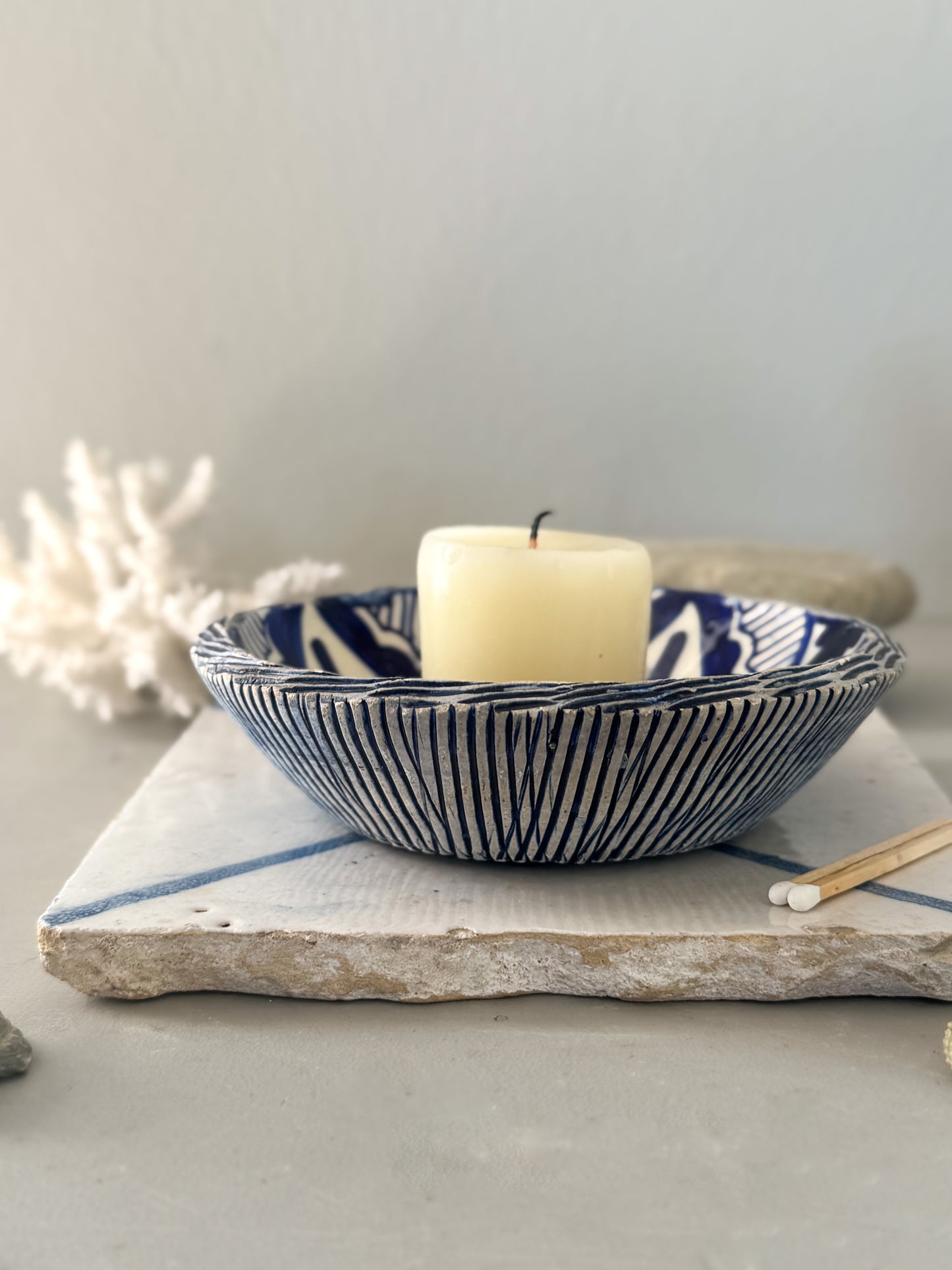 Vintage Blue & White Glazed Bowl Trinket with Lattice Detailing
