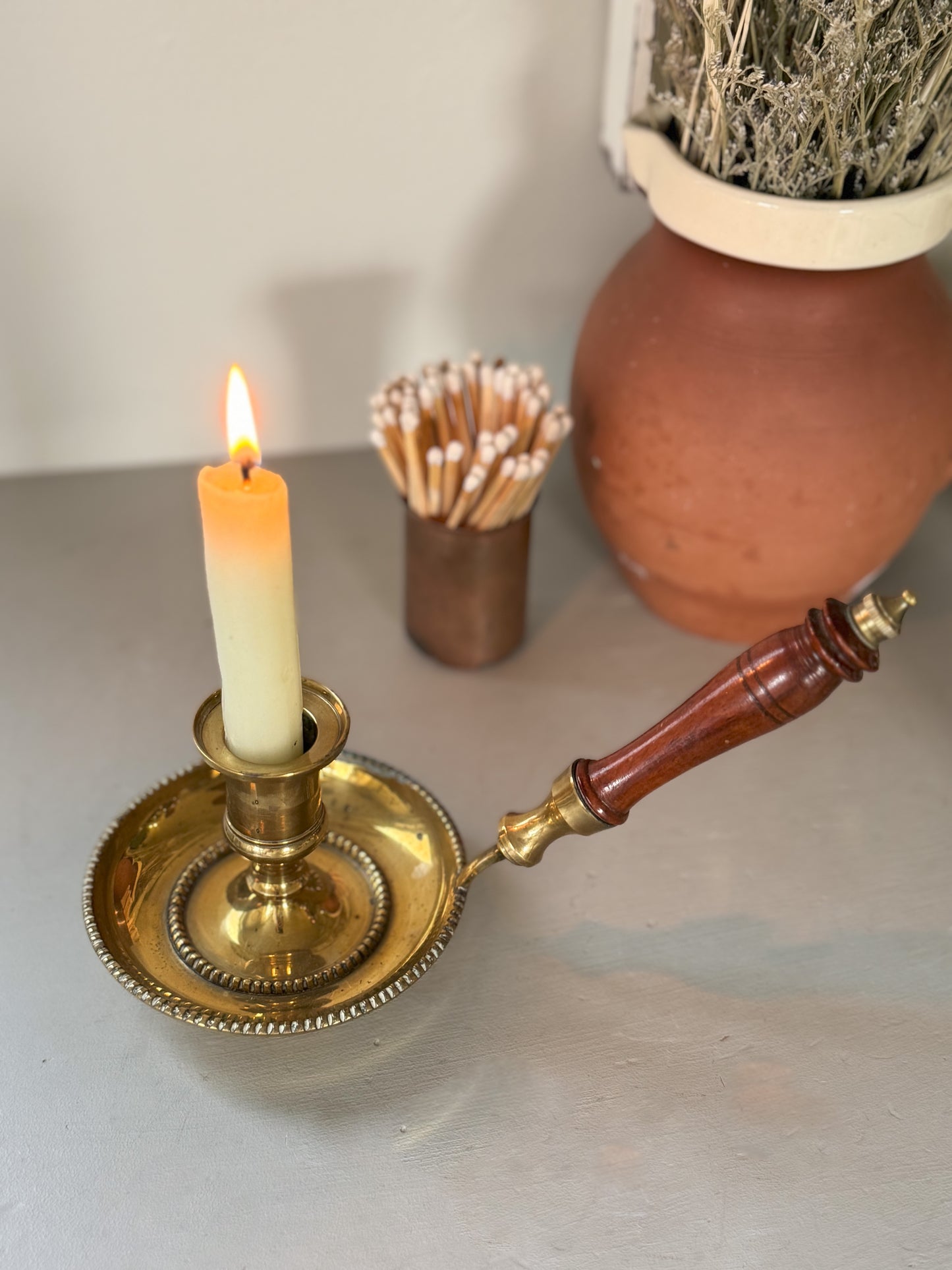 Vintage Brass Chamberstick with Wooden Handle