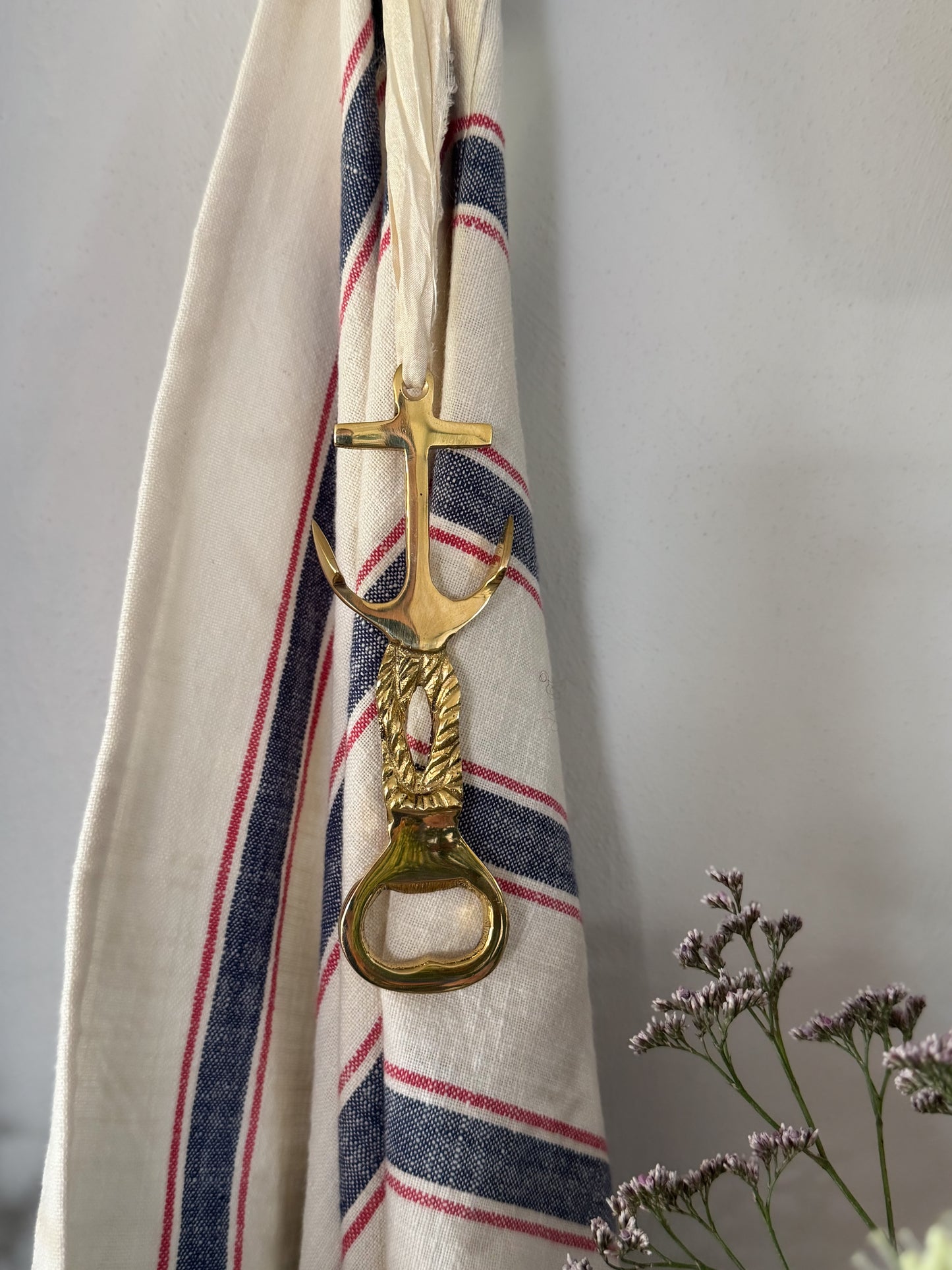 Vintage Brass Anchor Bottle Opener on Cream Ribbon