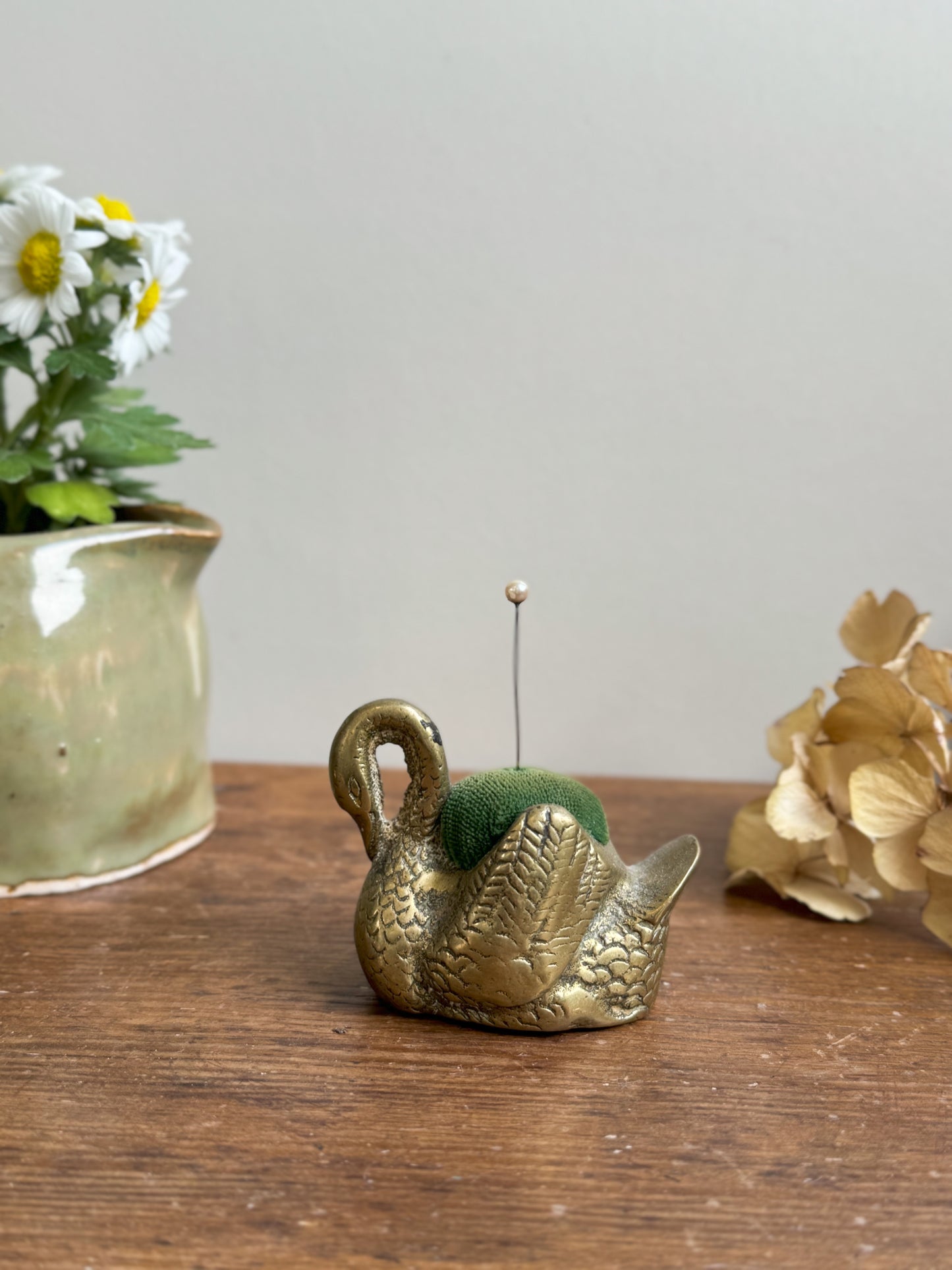 Vintage Brass Swan Pin Cushion