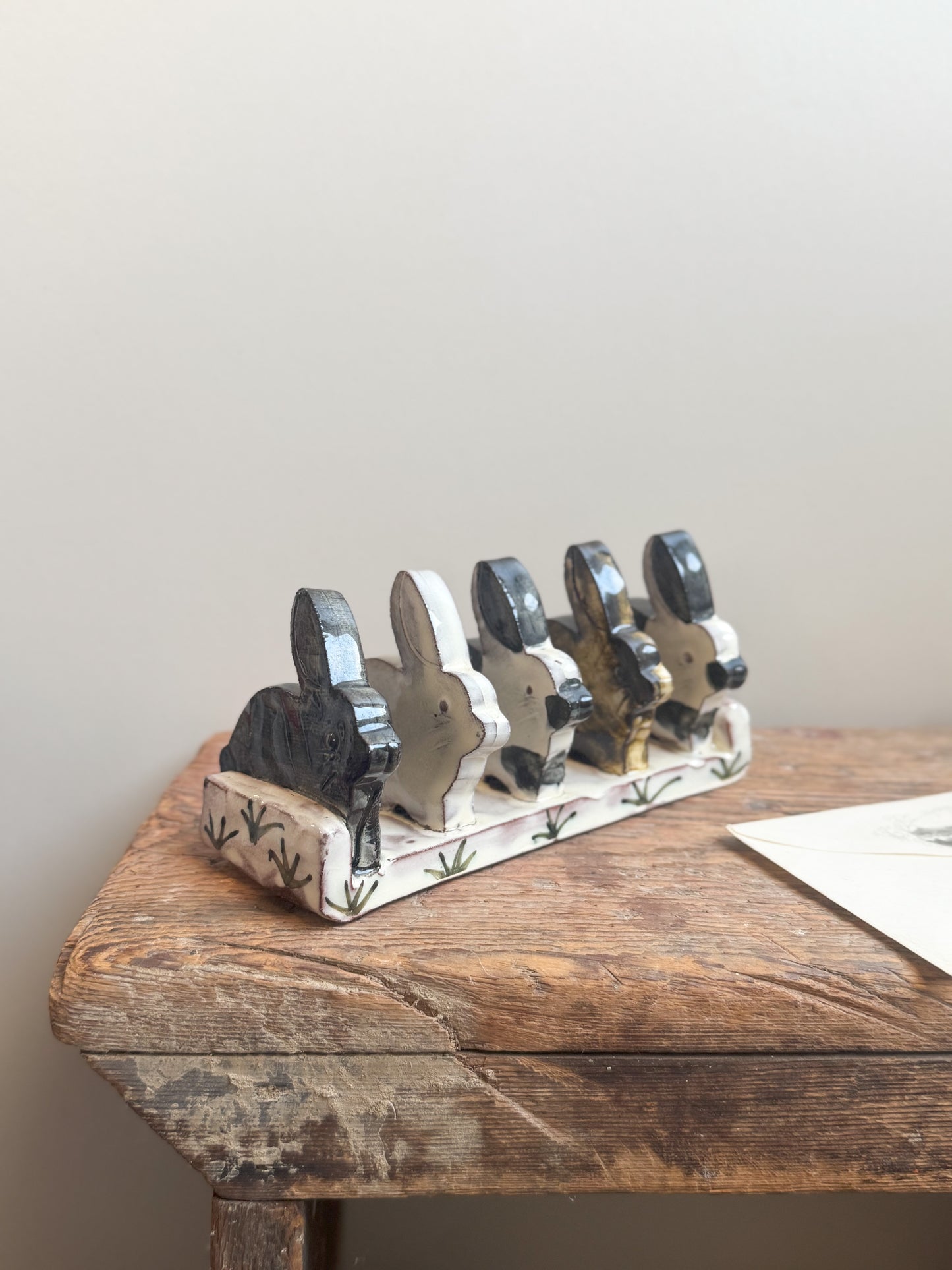 Studio Pottery Slipware ‘Bunny Rabbit’ Letter Rack by Heather Swain, Cornwall | Toast Rack, Napkin Holder