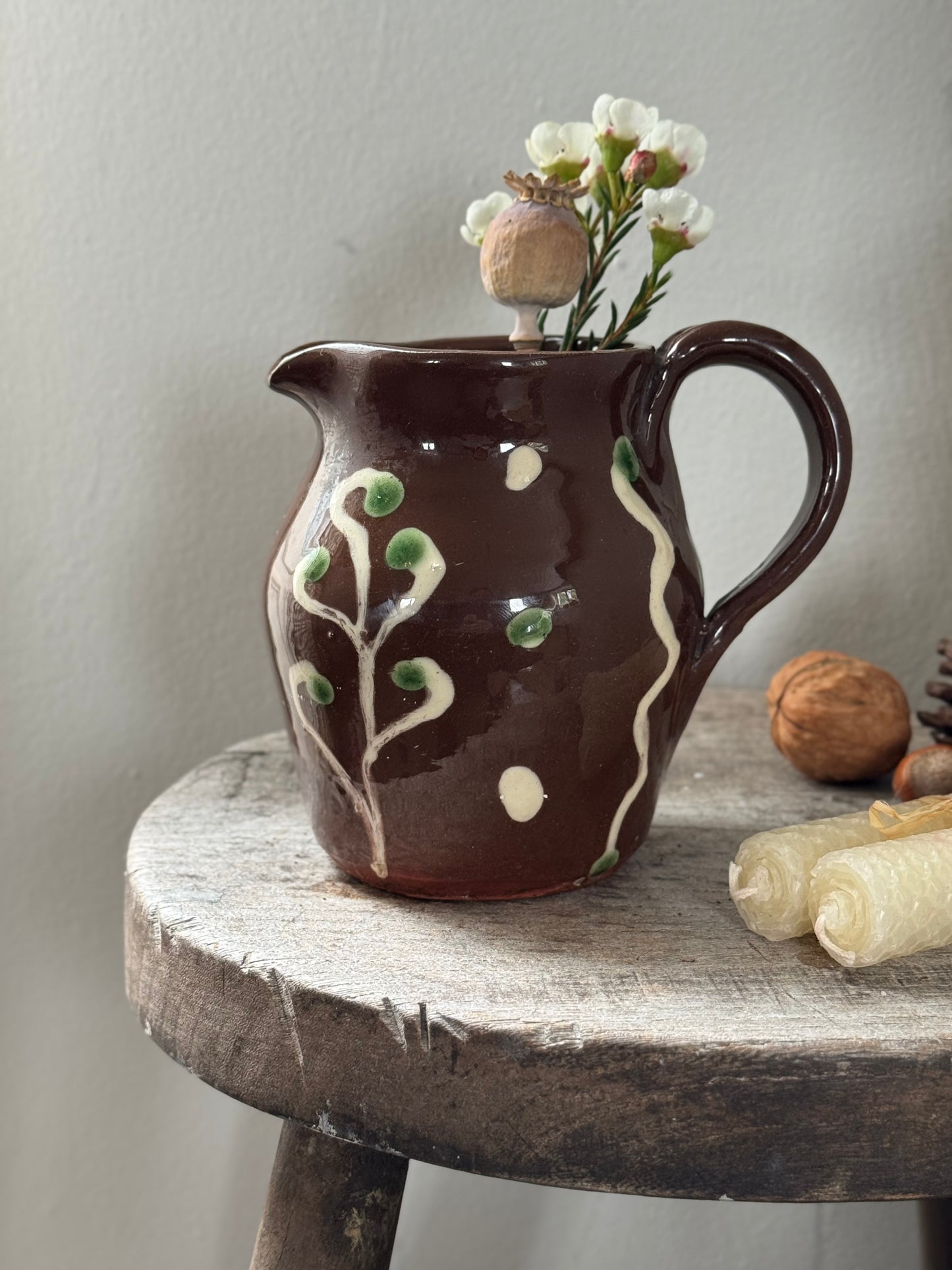 Rare Vintage 1937 Studio Pottery Slipware Oak Leaf Jug, One-Of-a-Kind