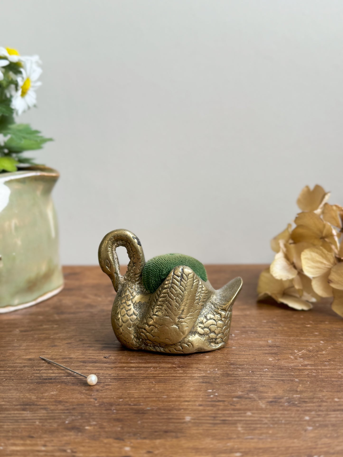 Vintage Brass Swan Pin Cushion