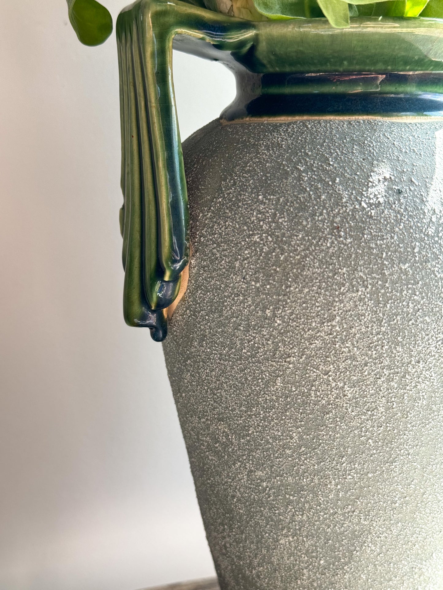 Large Art Deco Grey Sand Glaze Vase with Green Glazed Details