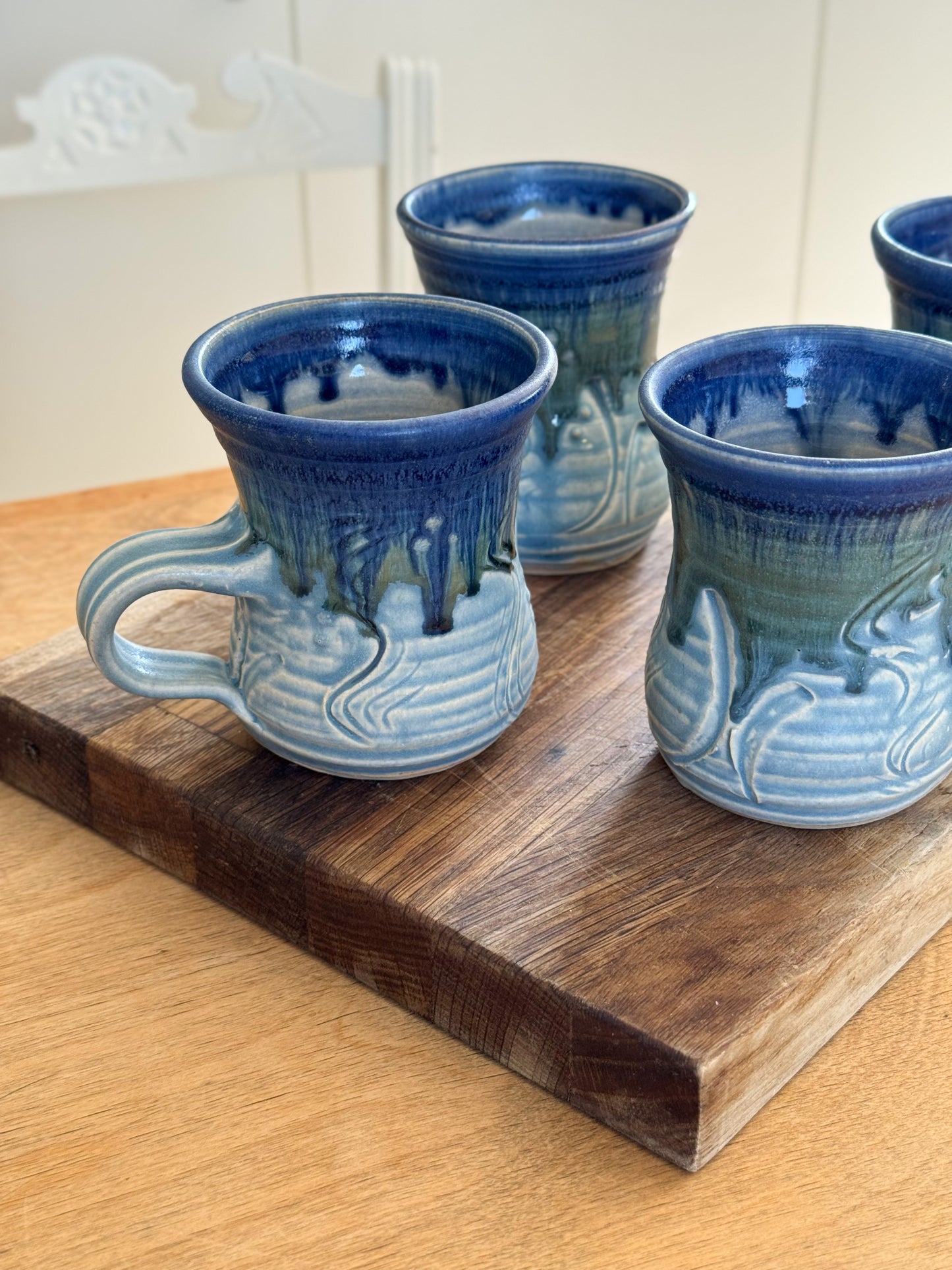 Incredible Vintage Abstract Studio Pottery Mugs, Ocean Blues • Set of 4
