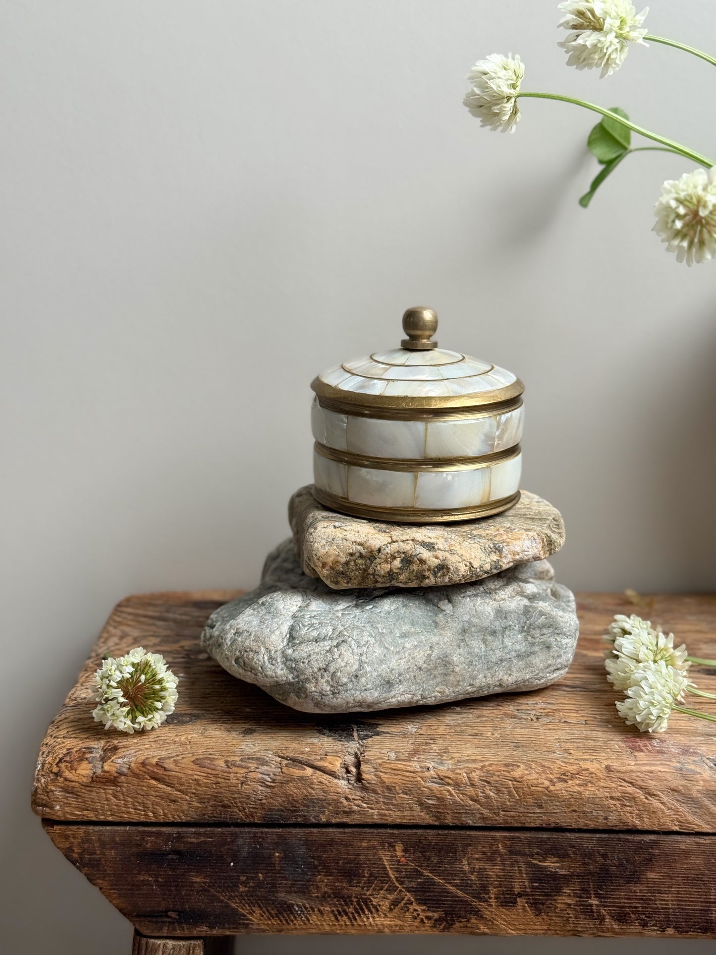 Vintage Brass & Mother of Pearl Trinket Box • Jewellery Box