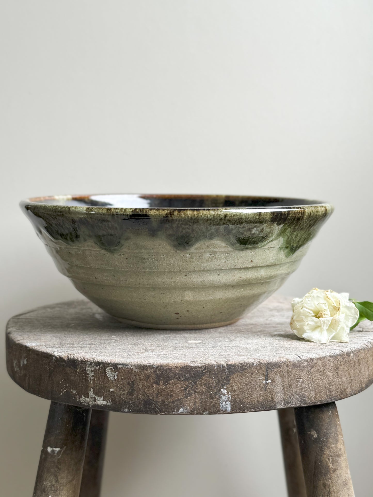 Studio Pottery Olive Green Drip Glaze Fruit Bowl