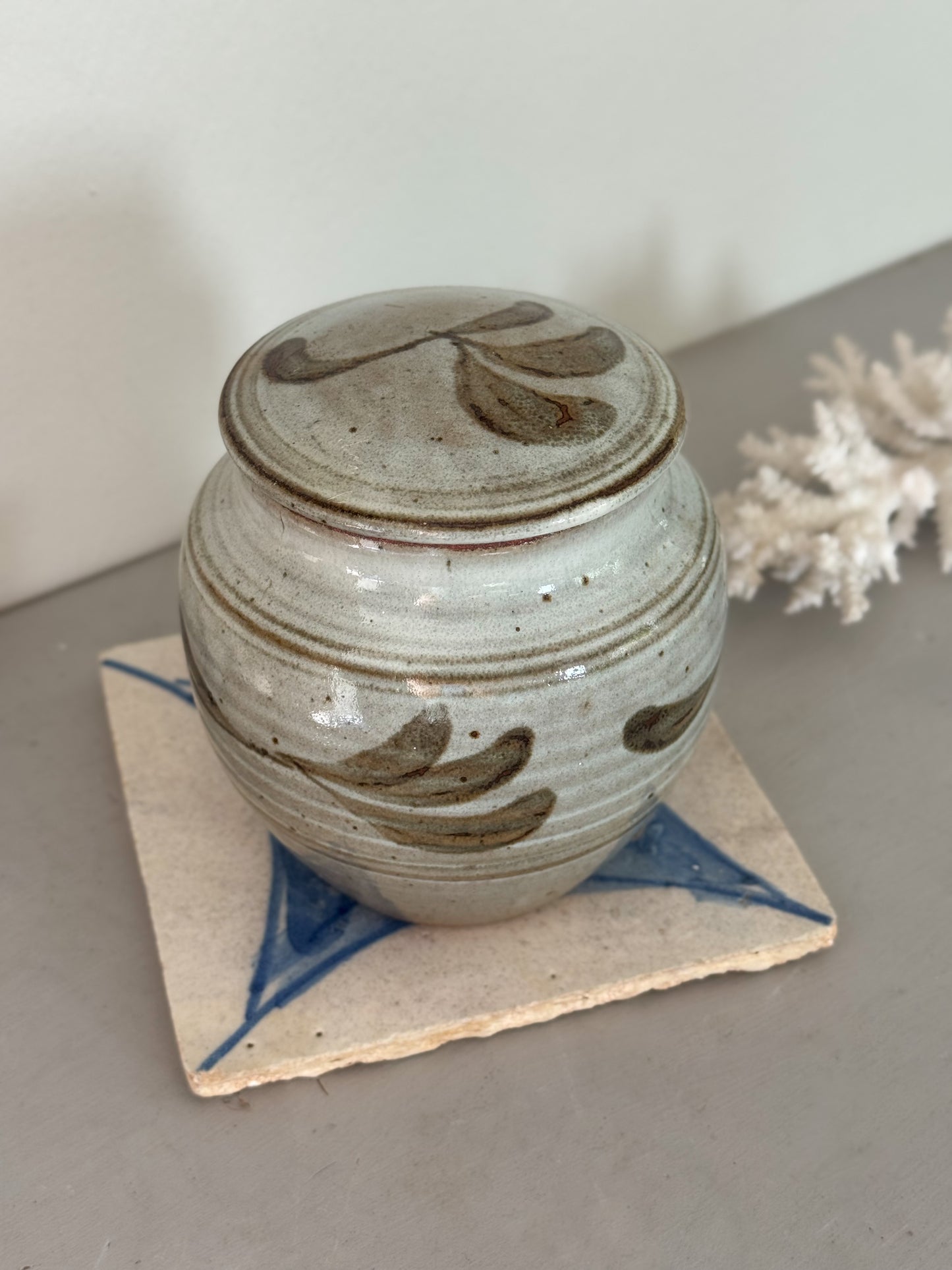 Vintage Studio Pottery Abstract Botanical Lidded Jar