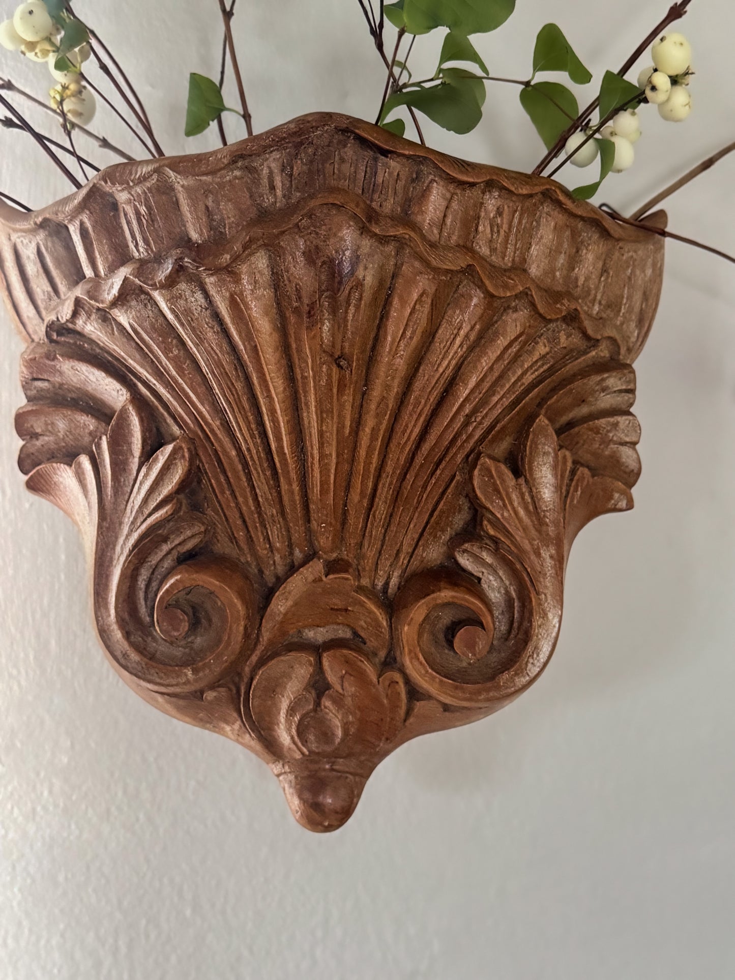 Vintage Hand-Carved Wooden Shell Wall Vase